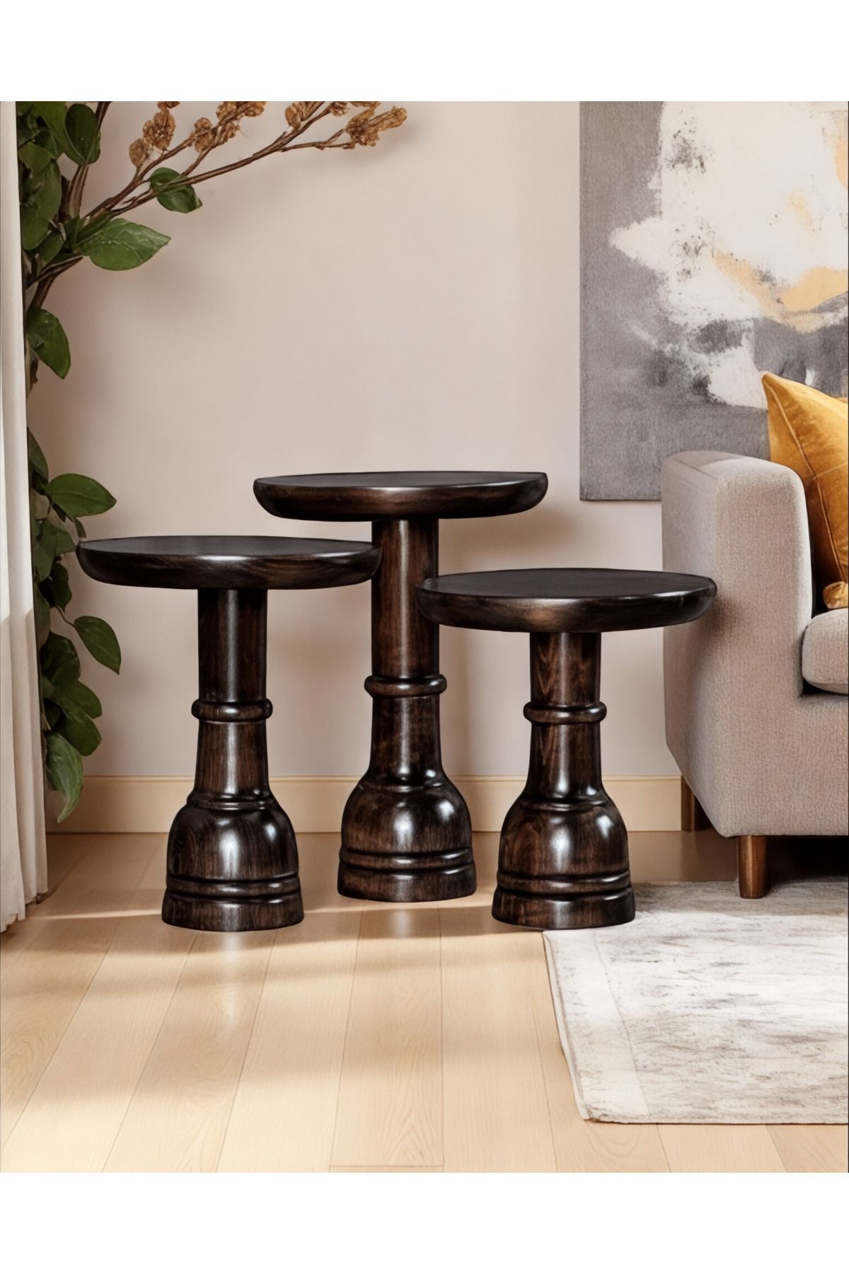 ASELYA HOME Doğal Ahşap 3’lü Set Mantar Yan Sehpa Modern Koyu Ceviz Fiskos Zigon Çiçeklik