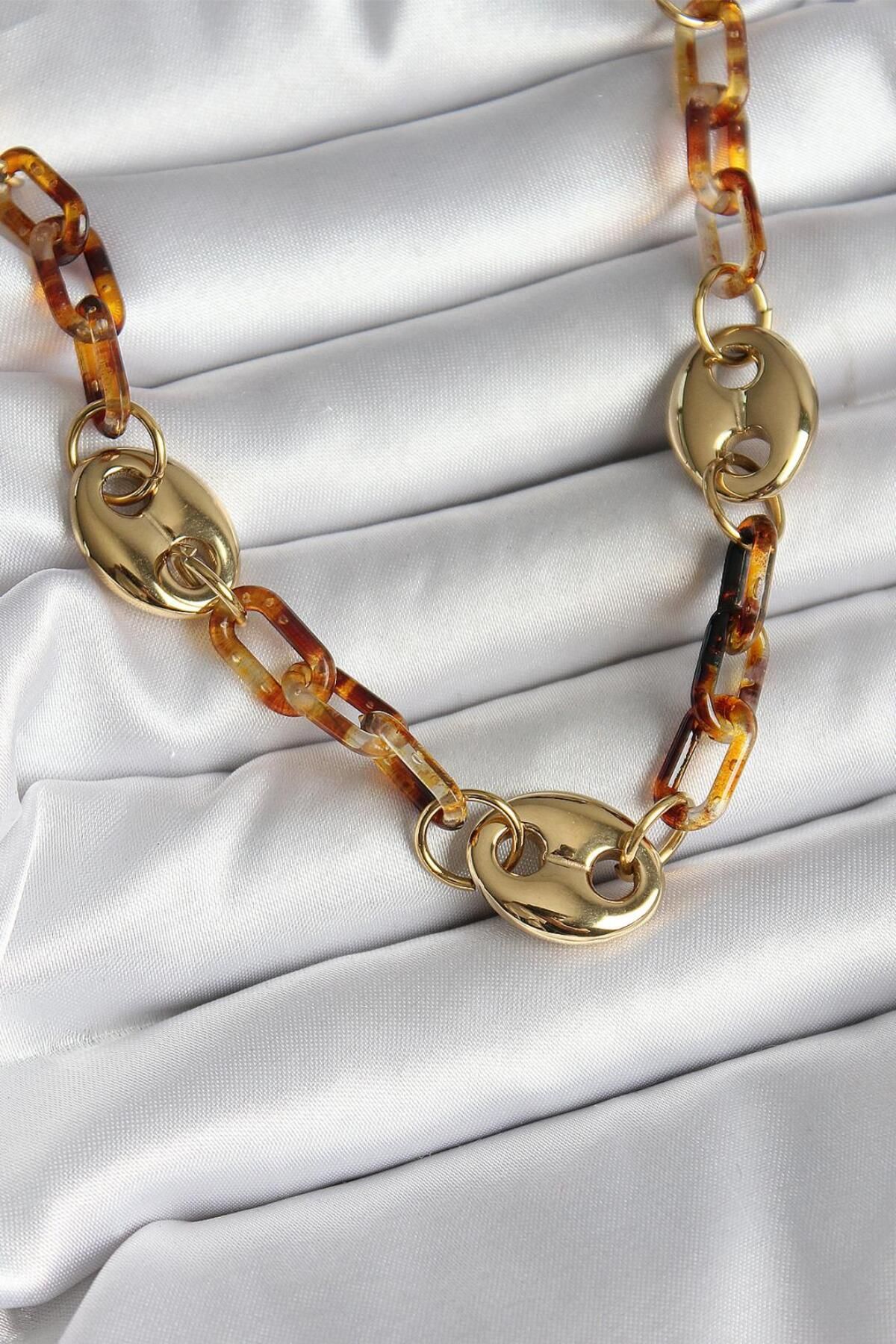 REBORN DESIGN Leopar Desenli Mika Gold Renk Zincir Kadın Kolye