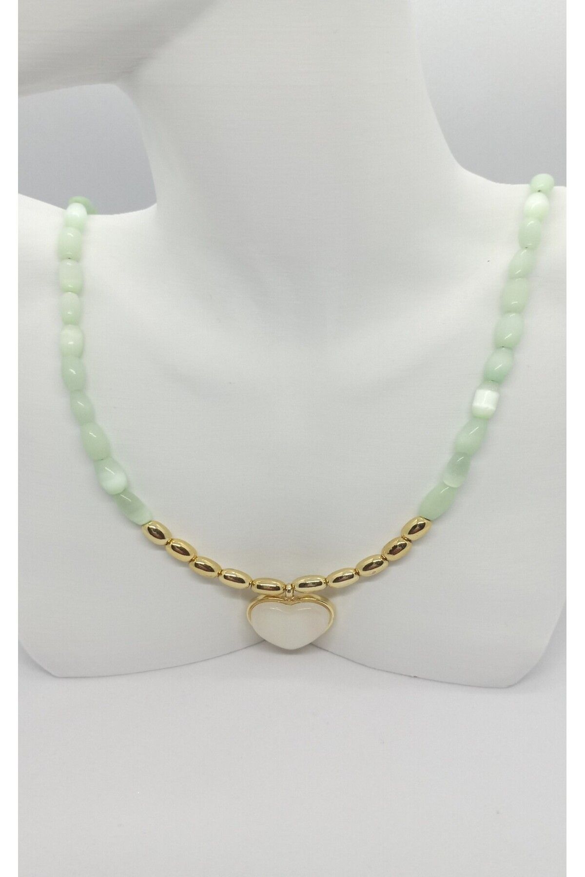 ndjewelry Mint ve Gold Renk Kalp Detaylı Boncuk Kolye