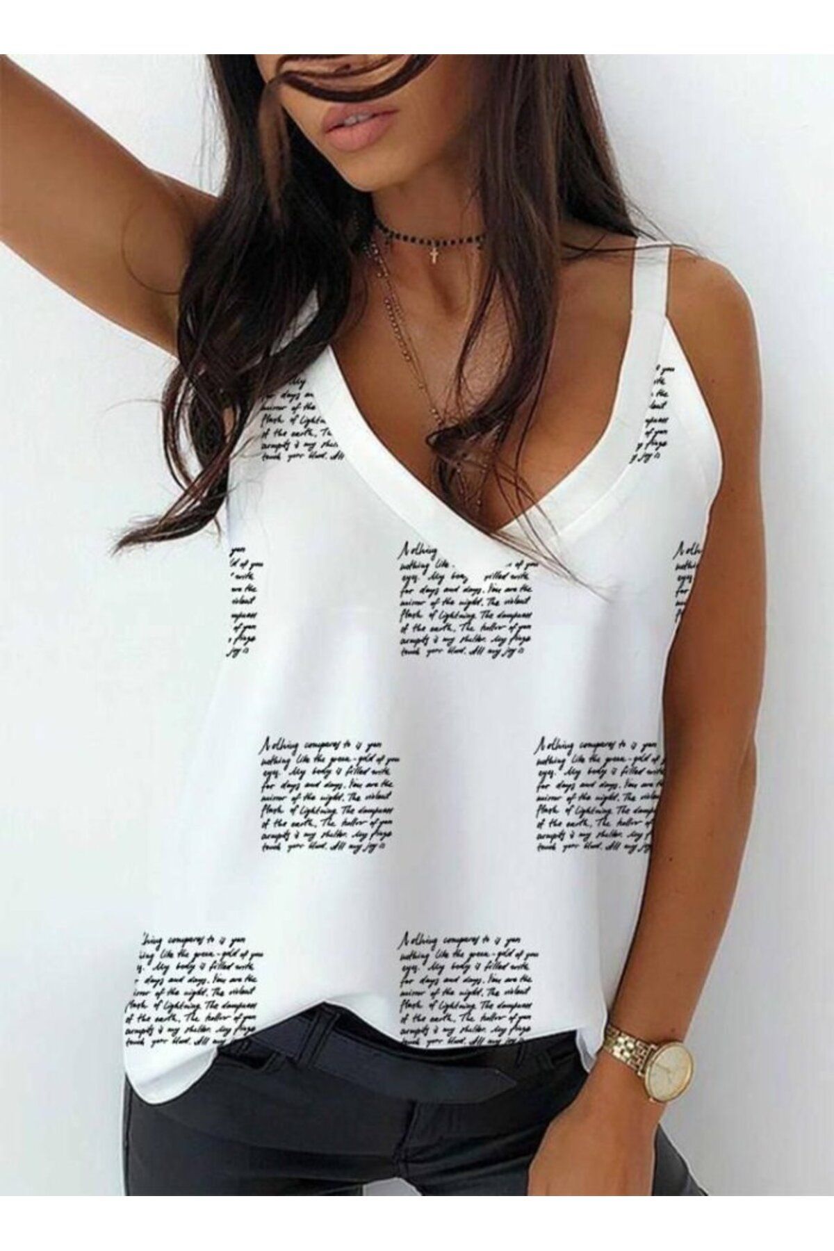 Kokosh moda Kadın Omuz Askılı V Yaka Dijital Baskı Detay Mikro Kumaş Bluz