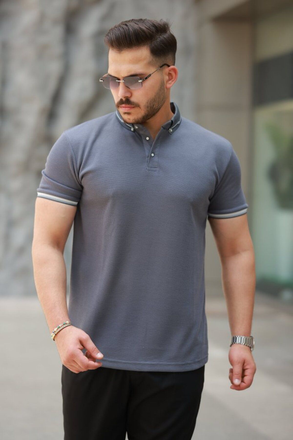 Kıvanç Moda Erkek Düğmeli Yaka Waffle Kumaş Kısa Kollu Tişört