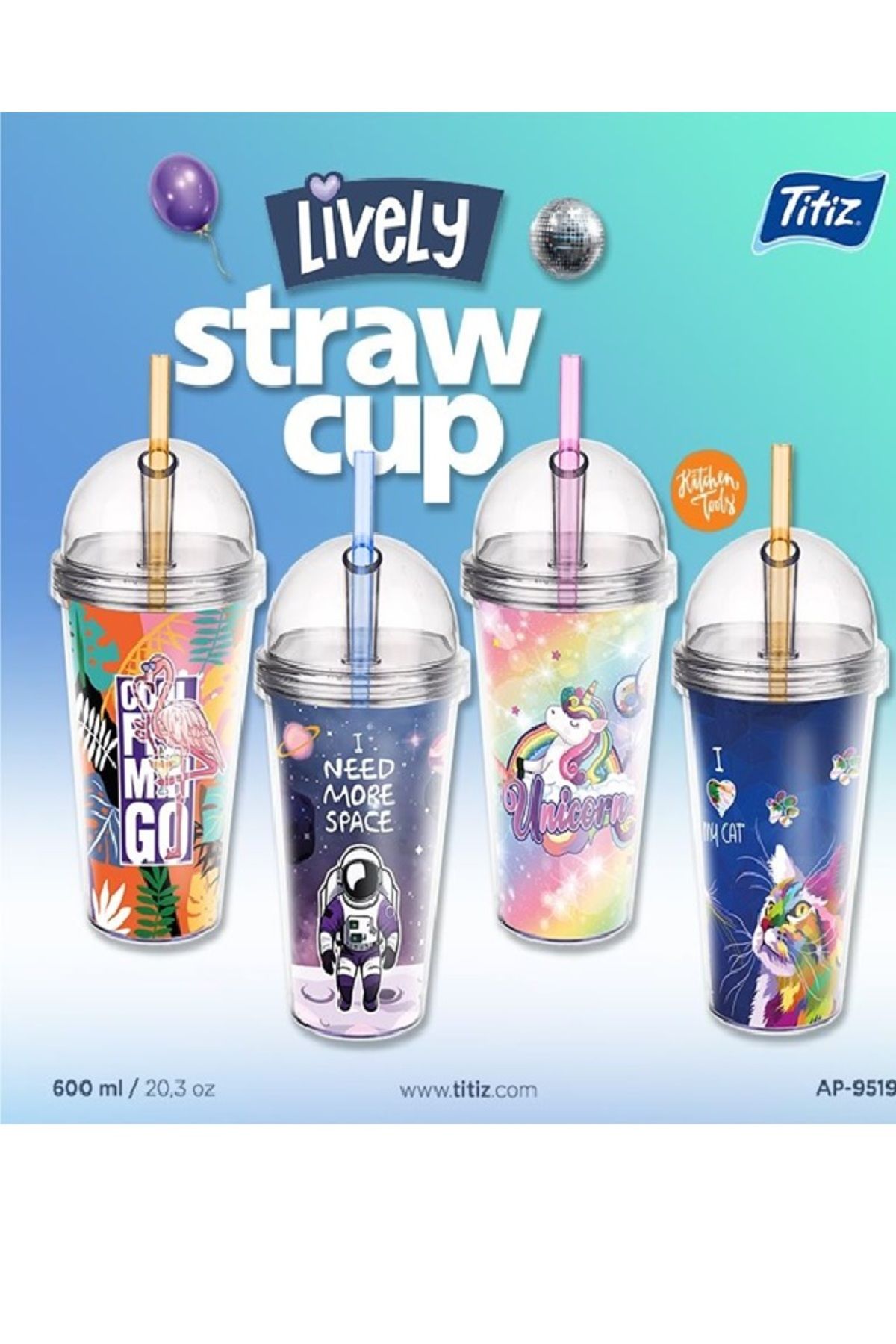 keyfisepet en keyifli sepet 600 ml Lively Desenli Pipetli Bardak – Renkli Kapaklı, Kapaklı Şeffaf Matara