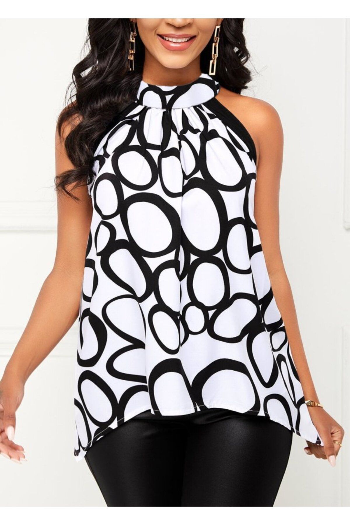TUA MODA TUA MODA Kadın Reglan Kol Daire Yaka Desenli Asimetrik Süprem Bluz