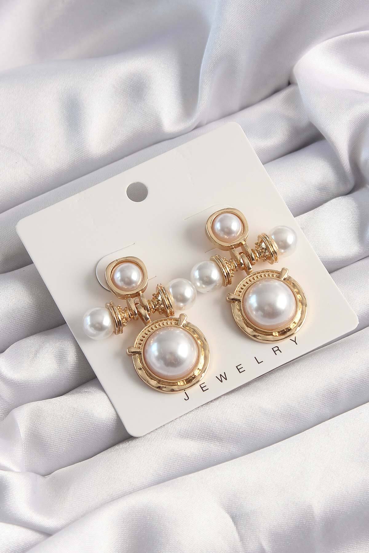 LovelymCo Pirinç Gold Renk İnci Taşlı Motifli Küpe - Lisinya