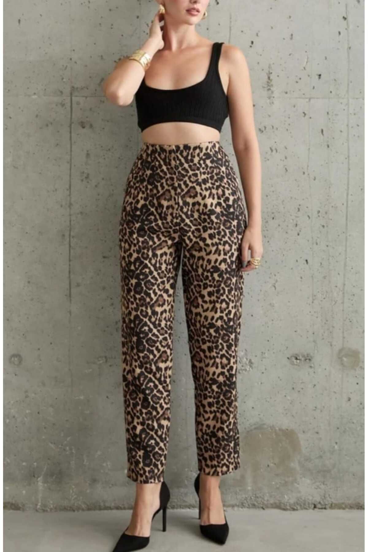 VOGUEMET Kadın Kuşgözlü Duble Paça Leopar Desenli Pantolon | Yüksek Bel | Şık ve Modern