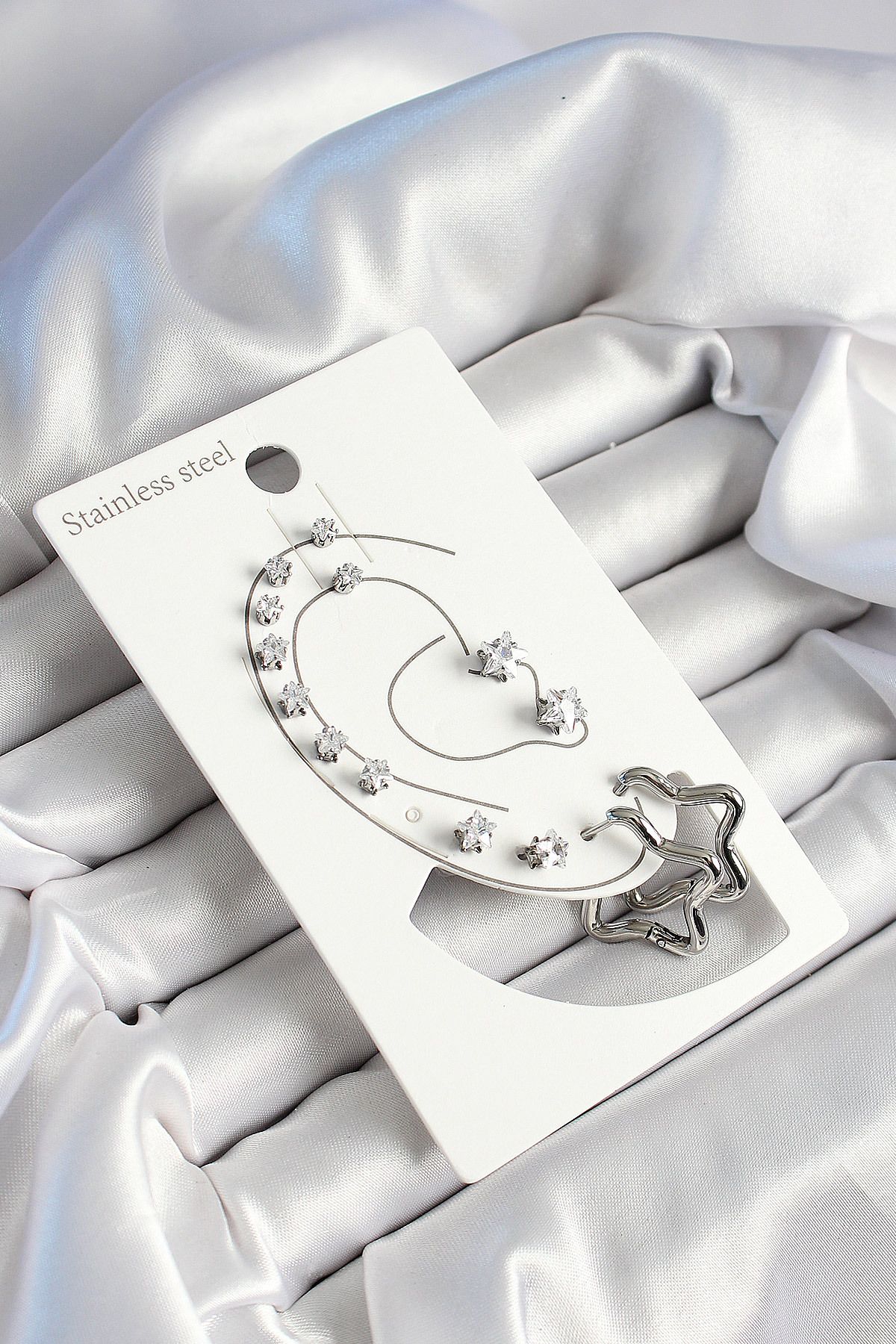 LovelymCo 316L Çelik Yıldız Figürlü Ve Zirkon Taşlı Gümüş Renk 7'Li Çift Kadın Küpe Set - Lisinya