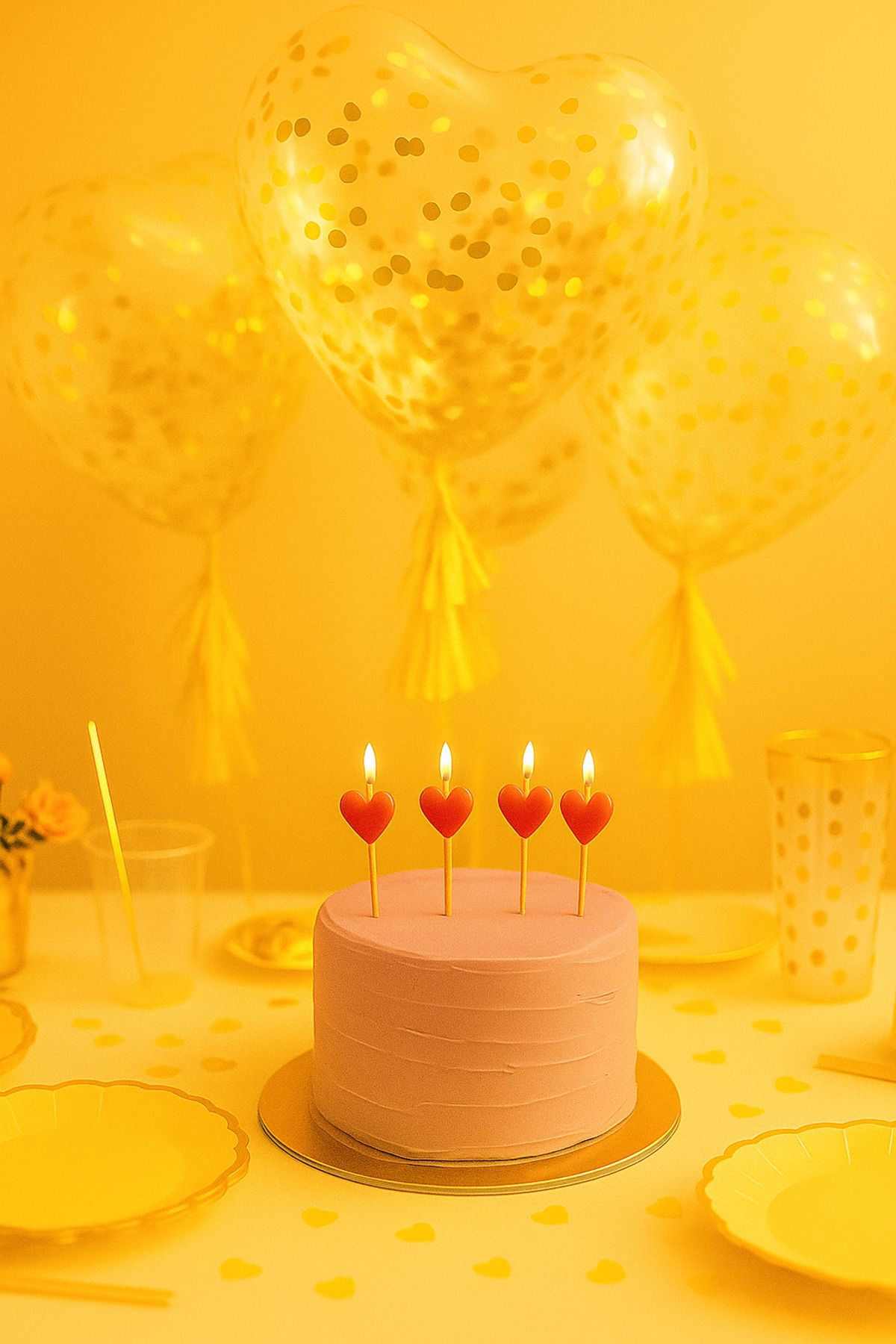 UVERTE 10'lu Kalp Şeklinde Şeffaf Balon - Sarı Konfetili Doğum Günü ve Parti Balonu Seti