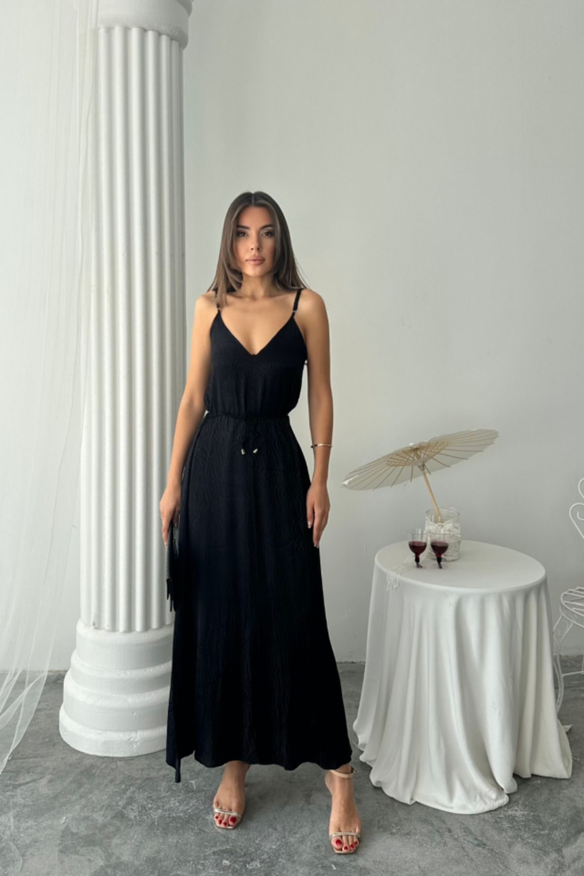 velmorafashion JAKAR SATEN DEGAJE ASKILI ELBİSE İP KEMERLİ - Siyah