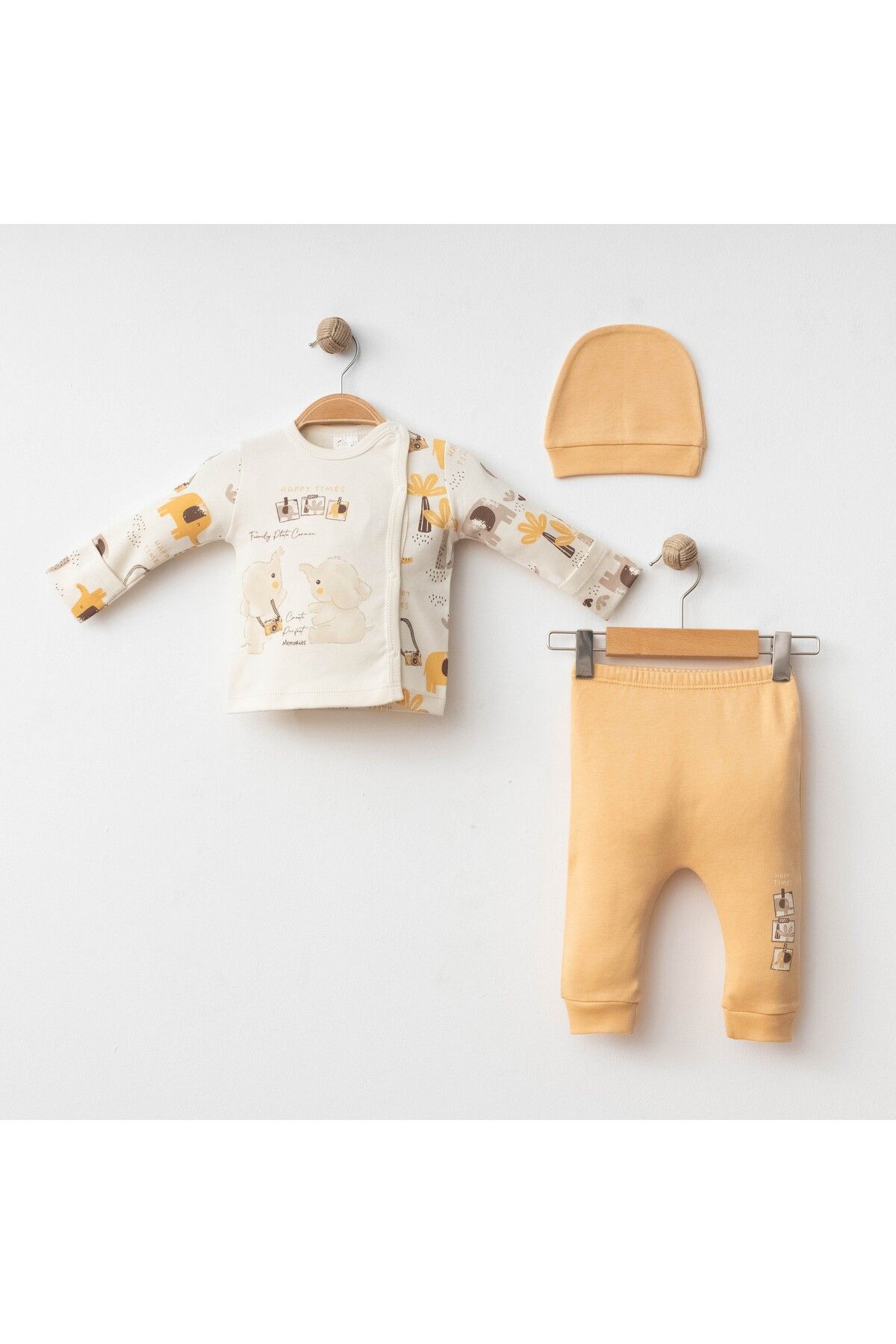 Gümüş Baby Kids BEBEK 3 LÜ TAKIM KENDİNDEN ELDİVENLİ FİL BASKILI % 100 PAMUKLU KUMAŞ
