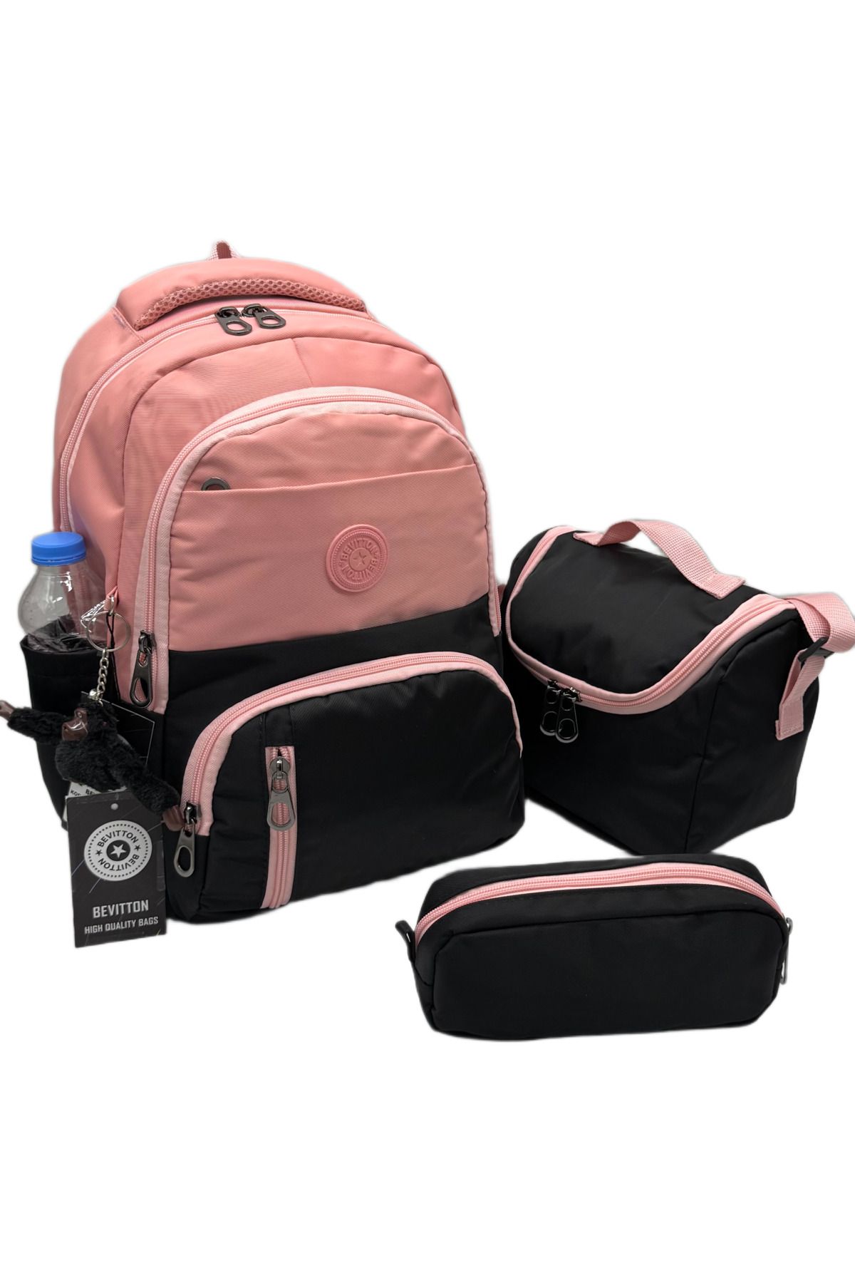 Bevitton ilk Okul Çantası 3'lü Seti Unisex Çocuk ilkokul Çantası Bvt-8010 Pudra-Siyah