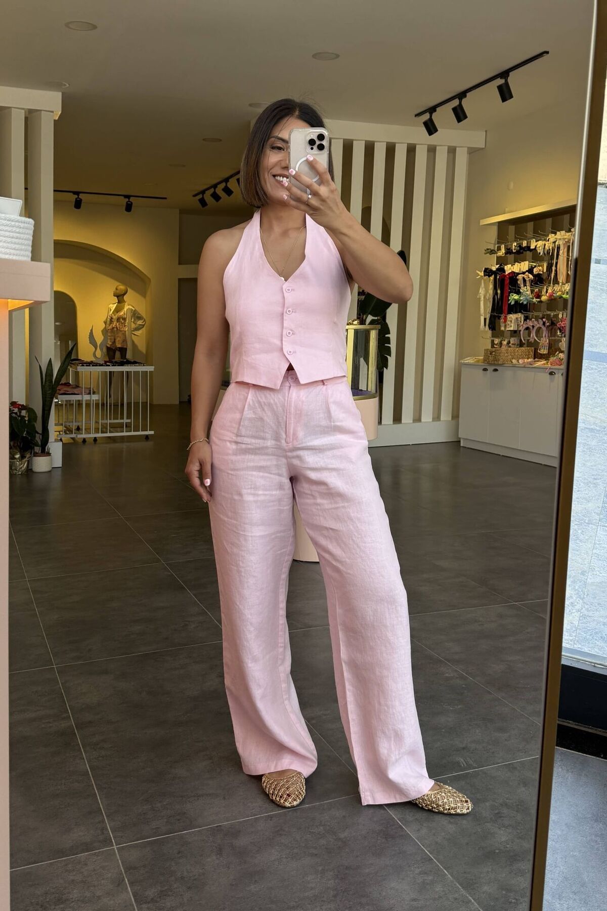 Bucle By Gizem %100 Ham Keten Palazzo Pantolon Pembe