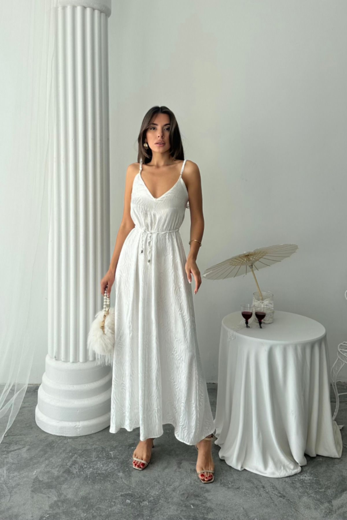 velmorafashion JAKAR SATEN DEGAJE ASKILI ELBİSE İP KEMERLİ - Beyaz