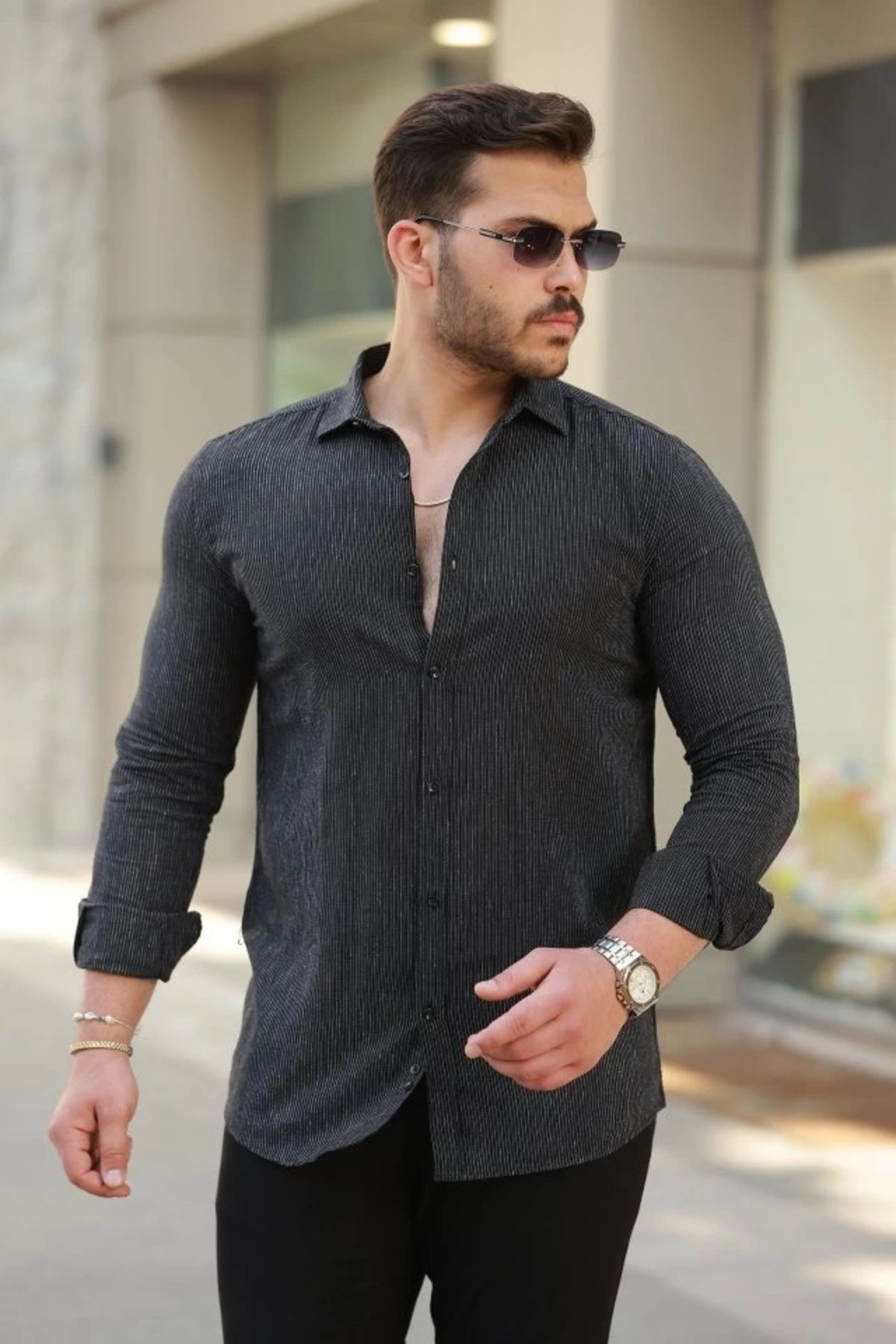 Butik Erkek çizgi Desenli Uzun Kollu Pamuklu Keten Gömlek