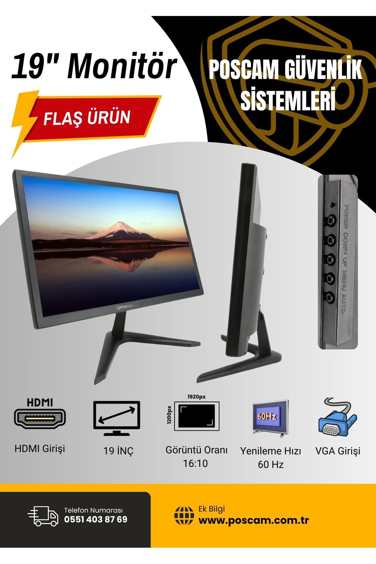POSCAM HD 19 Inç 60HZ TN LED Monitör: 16:10 Oran, Hdmı, Duvara Monte Edilebilir Ve 2 Yıl Garantili