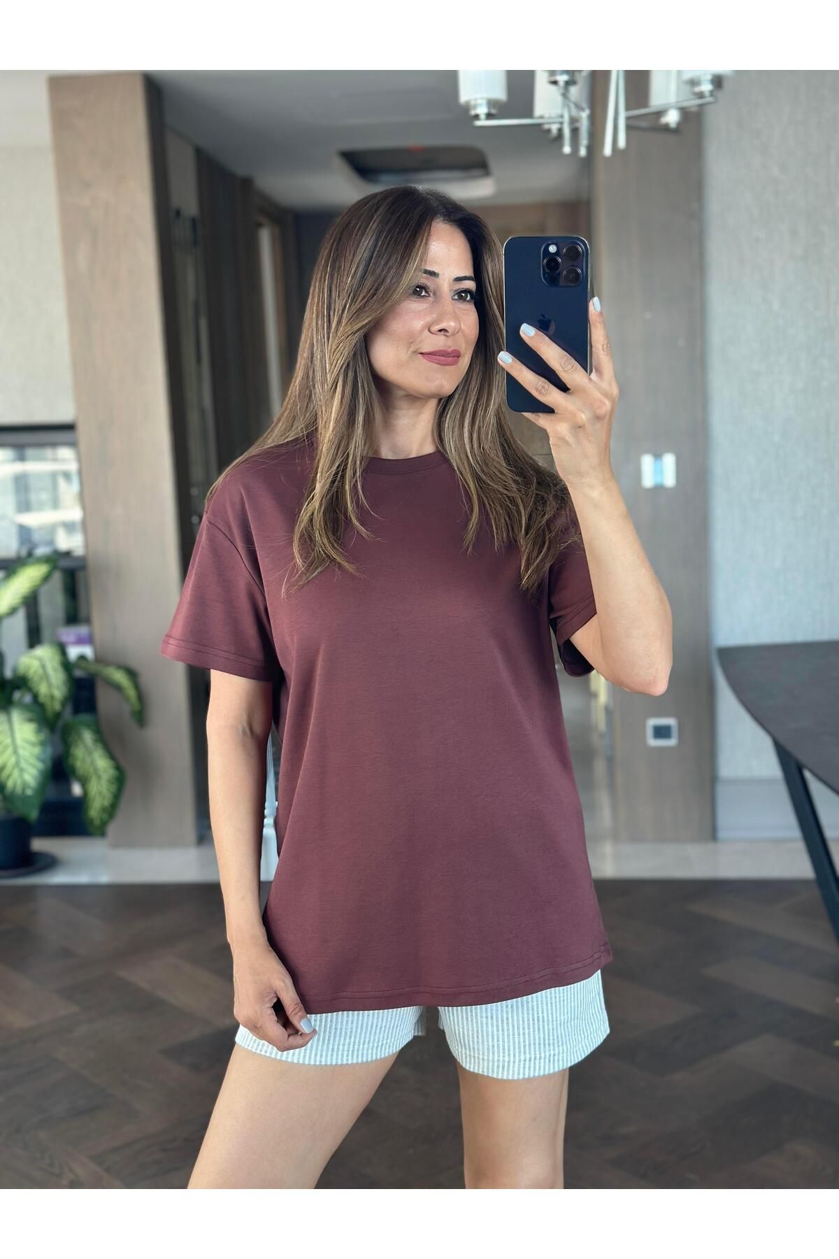 Forlady Butik Kahverengi Düz Basic Mass Model Kadın T-Shirt