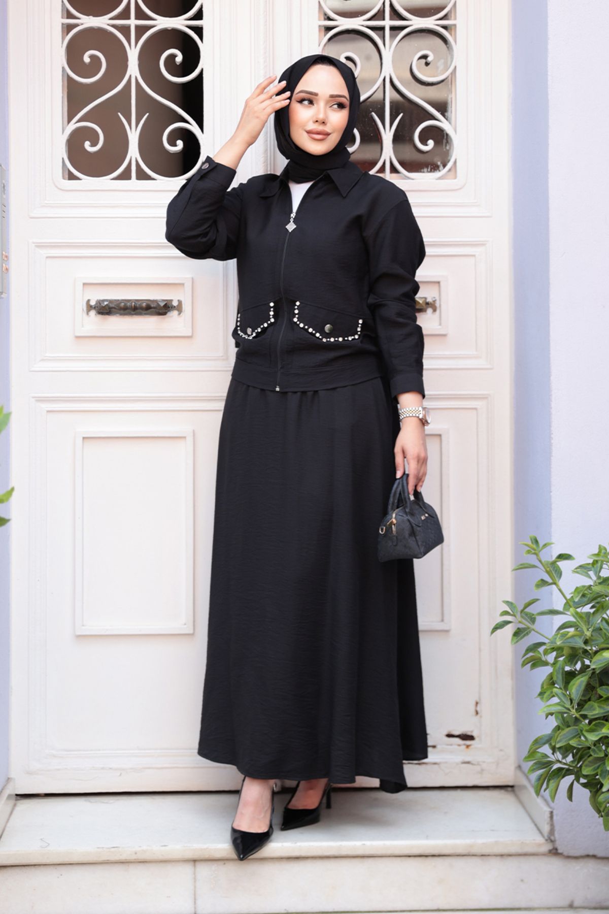 N.S NEVA STYLE Fermuarlı Siyah Tesettür Etekli İkili Takım 44751S