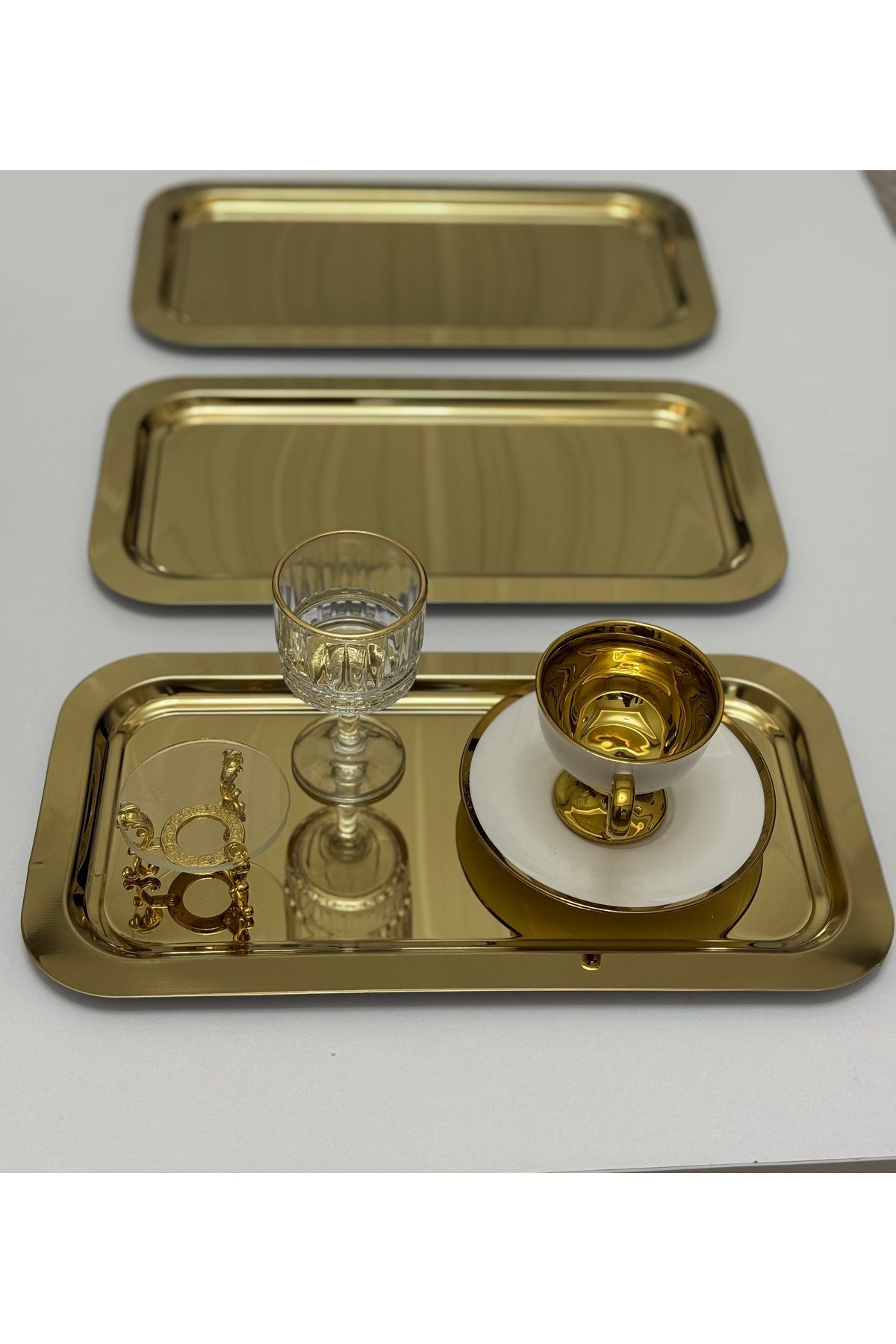 Elzemm store 6 ADET GOLD RENK BÜYÜK DİKDÖRTGEN MODEL SERVİS VE SUNUM TEPSİSİ 17*33 CM ÇAY KAHVE