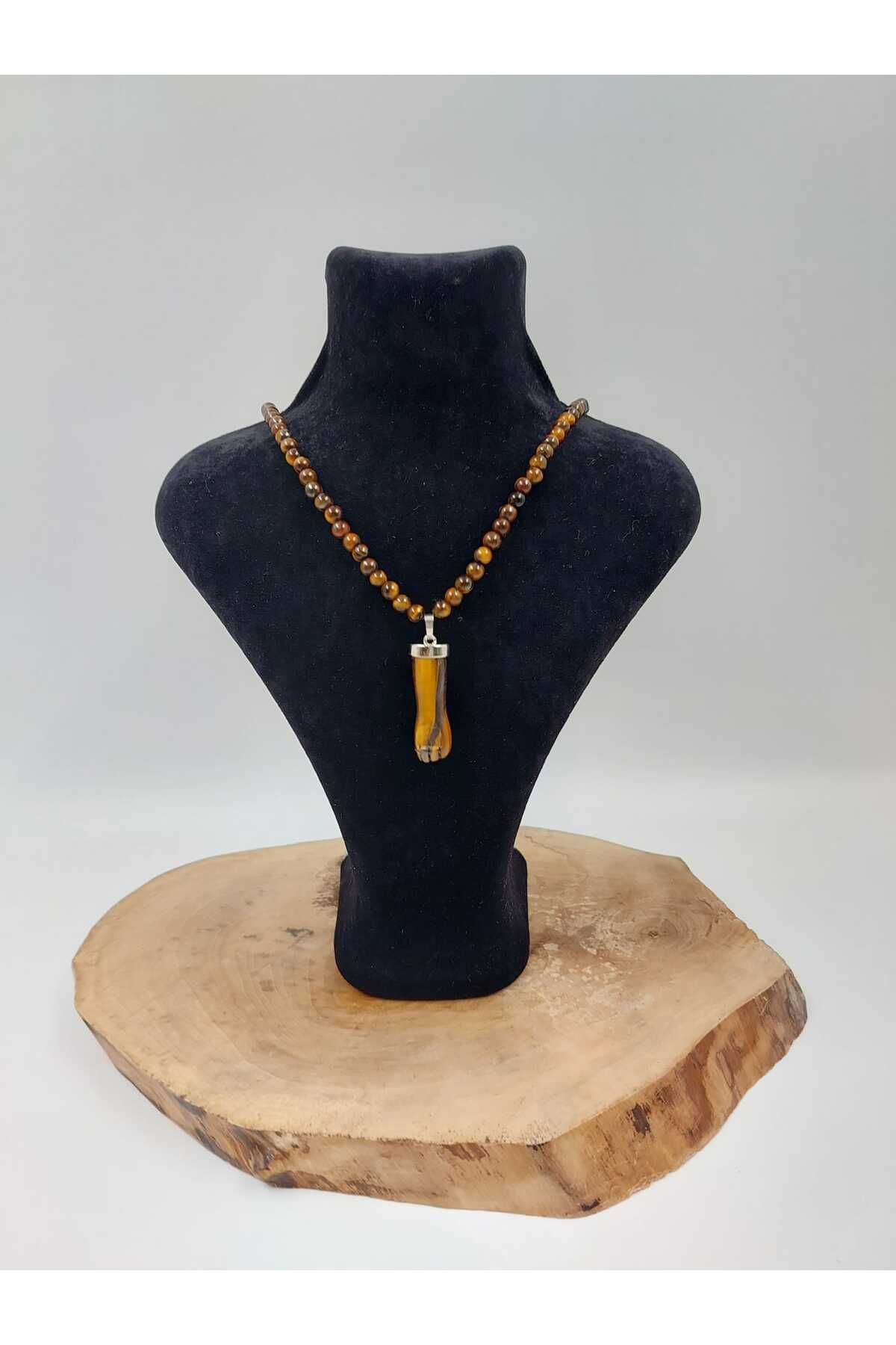 R G Handmade Design Orta Aparatlı Doğal Kaplan Gözü Taşlı Koruma Kolyesi