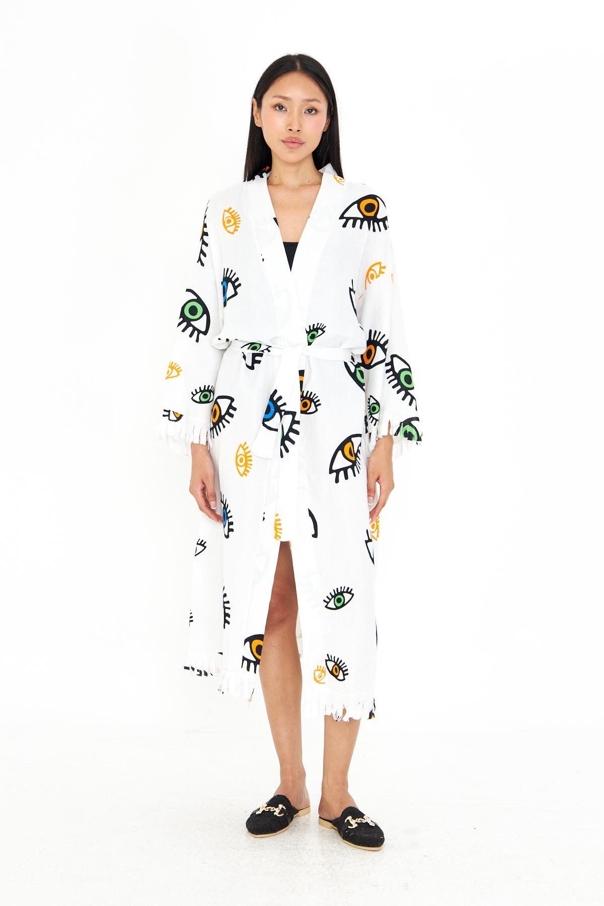 TIFFANY&TOMATO Göz Baskılı Uzun Müslin Kimono