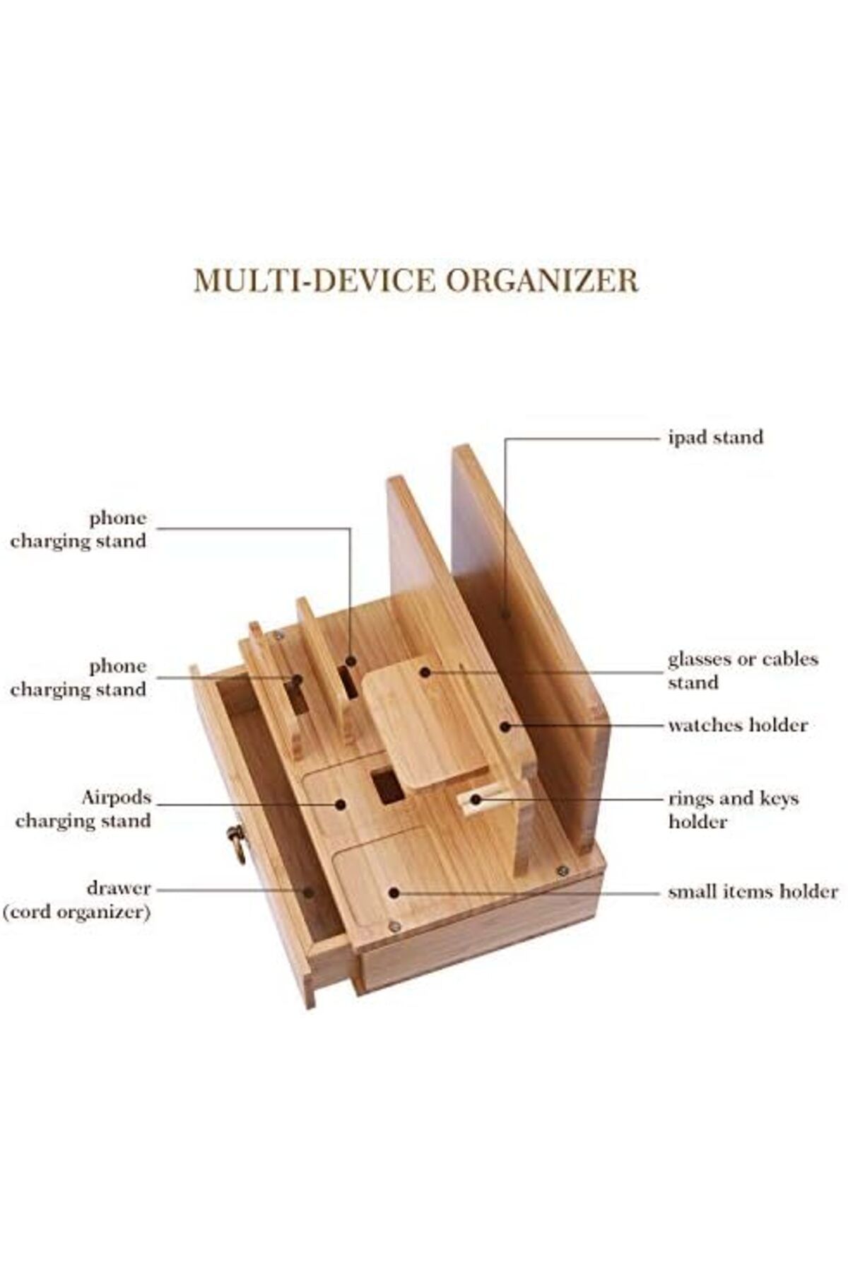 Generic-iCozzier Bamboo Multiple Device Desktop Charging Dock Station Watch Organizer Key Holder with Drawer 6