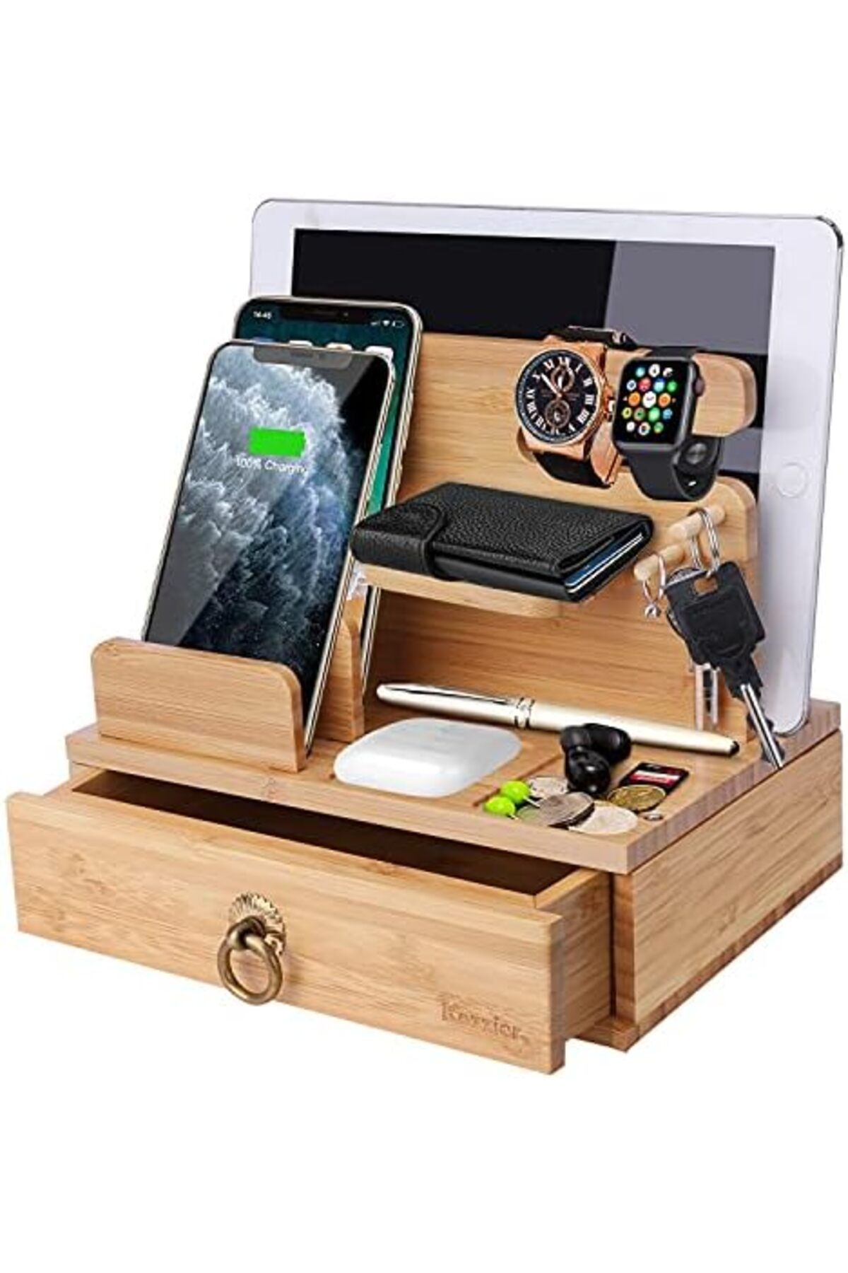 Generic-iCozzier Bamboo Multiple Device Desktop Charging Dock Station Watch Organizer Key Holder with Drawer 2