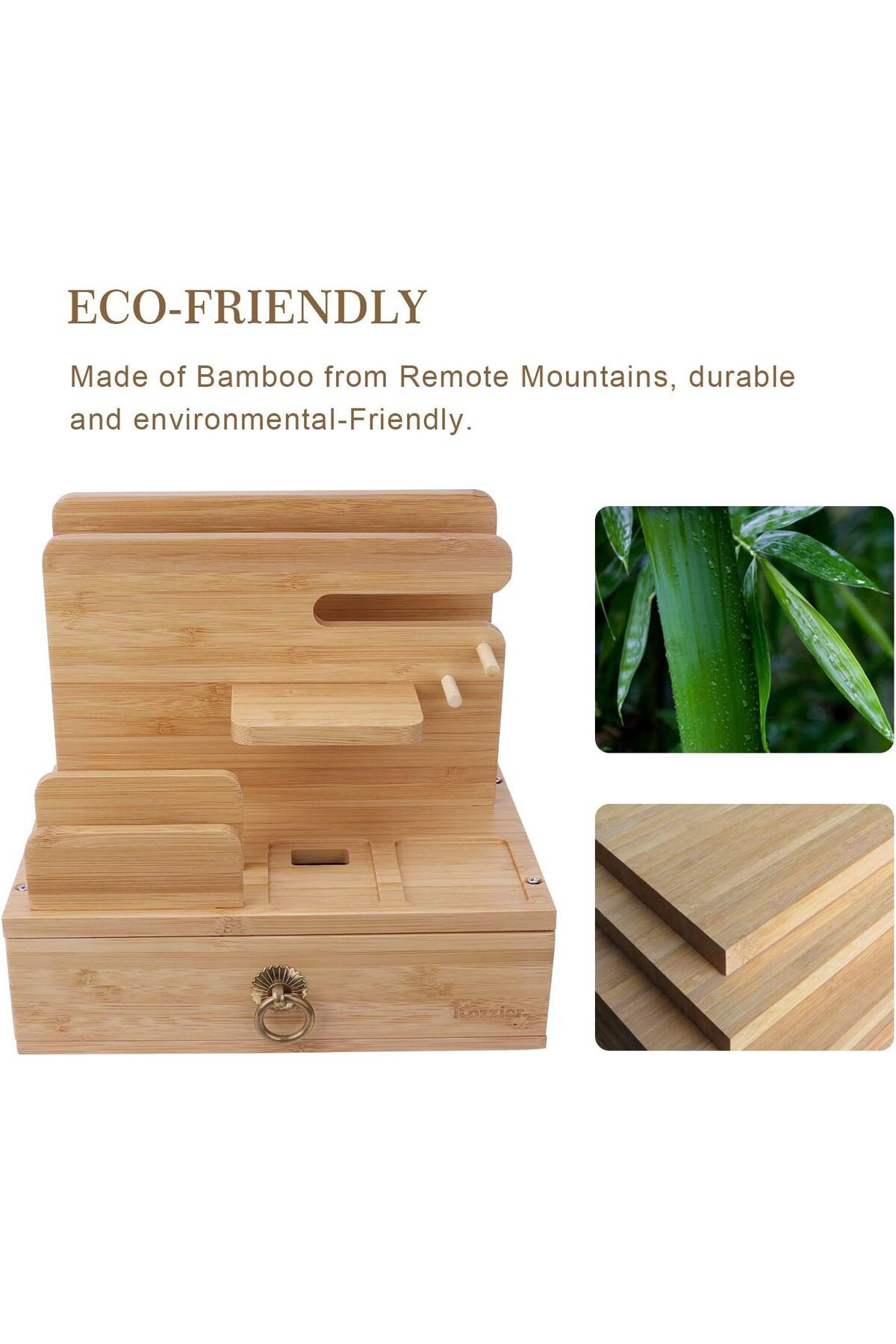 Generic-iCozzier Bamboo Multiple Device Desktop Charging Dock Station Watch Organizer Key Holder with Drawer 7