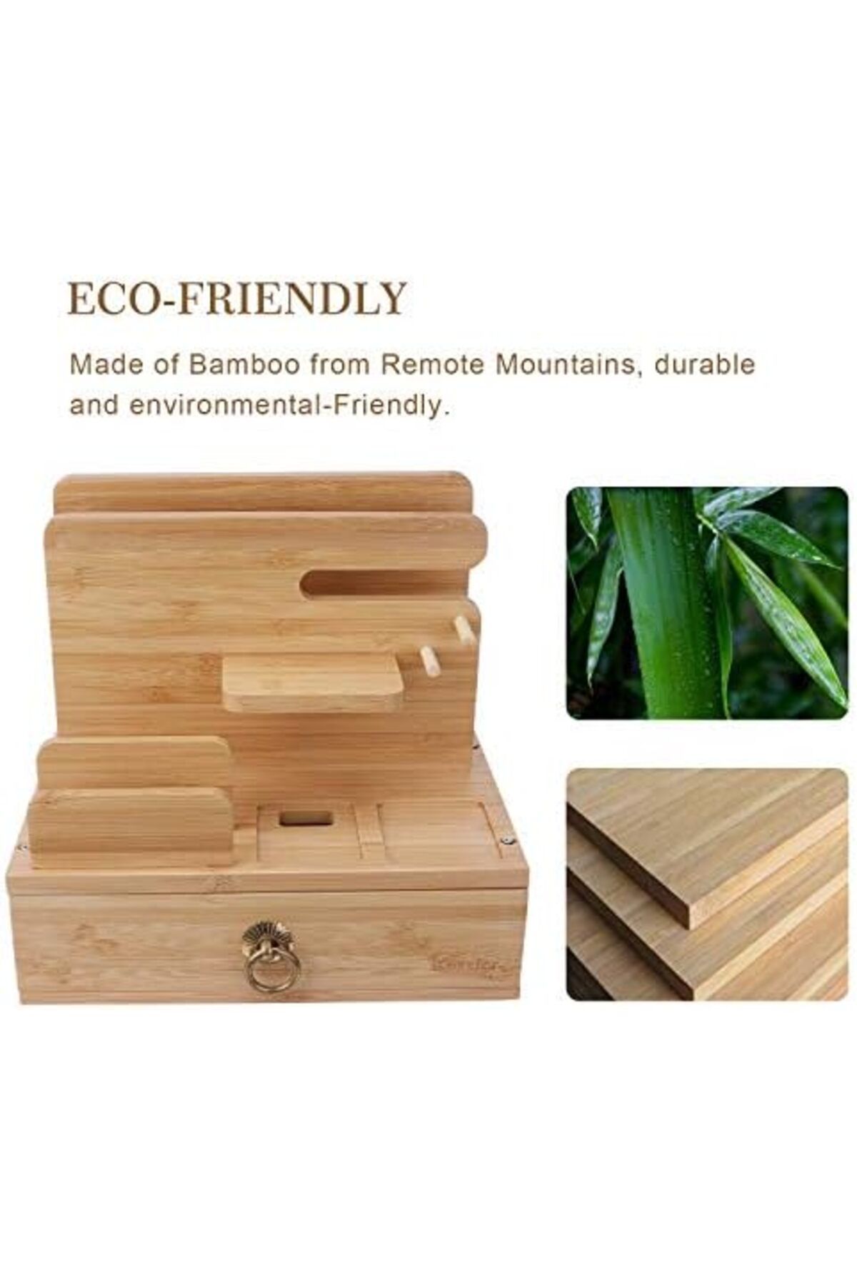 Generic-iCozzier Bamboo Multiple Device Desktop Charging Dock Station Watch Organizer Key Holder with Drawer 8