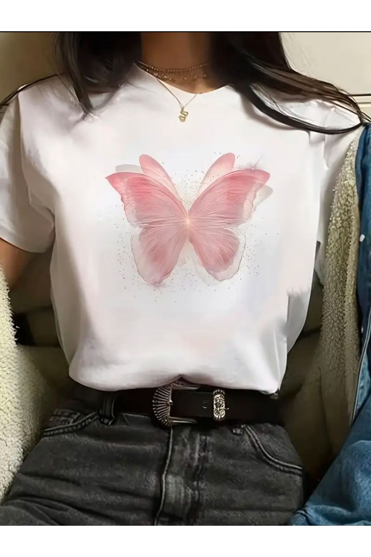 Boi PEMBE KELEBEK BASKILI OVERSİZE BASIC TİŞÖRT KISA KOL T-SHİRT T-SHİRT