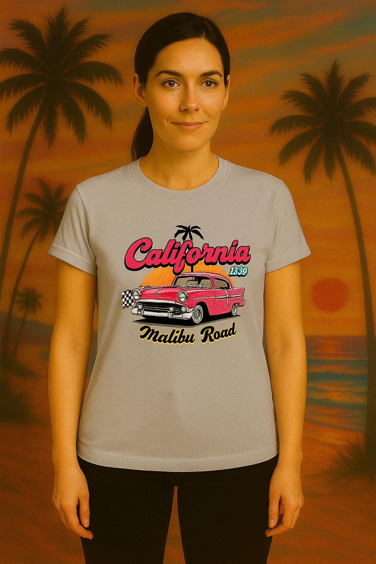 Oasis duble kol dar kesim malibu road baskılı bisiklet yaka kadın t-shirt