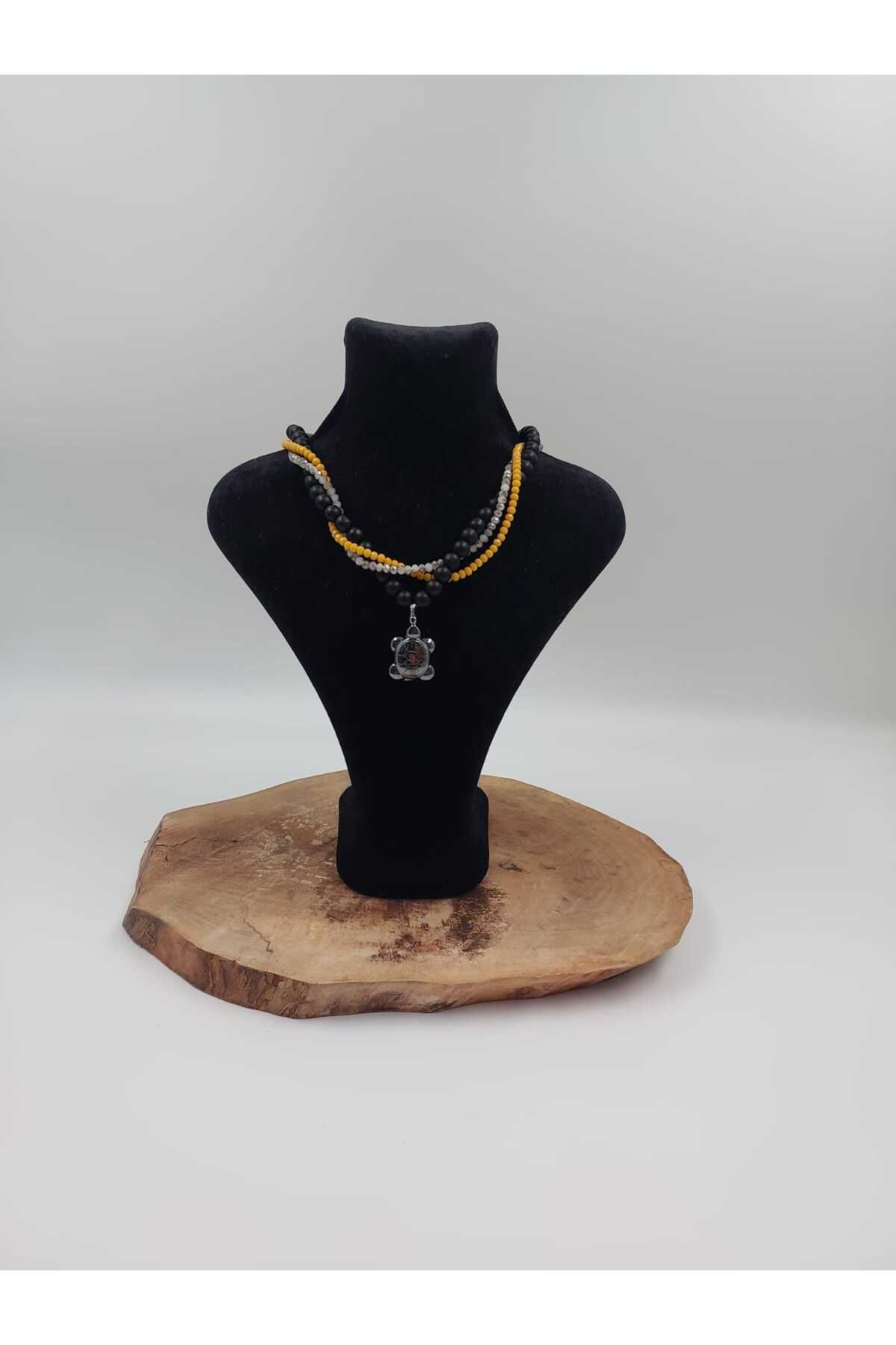 R G Handmade Design Zamana Direnen – Oniks & Kristal Boncuklu Hematit Kaplumbağa Kolye