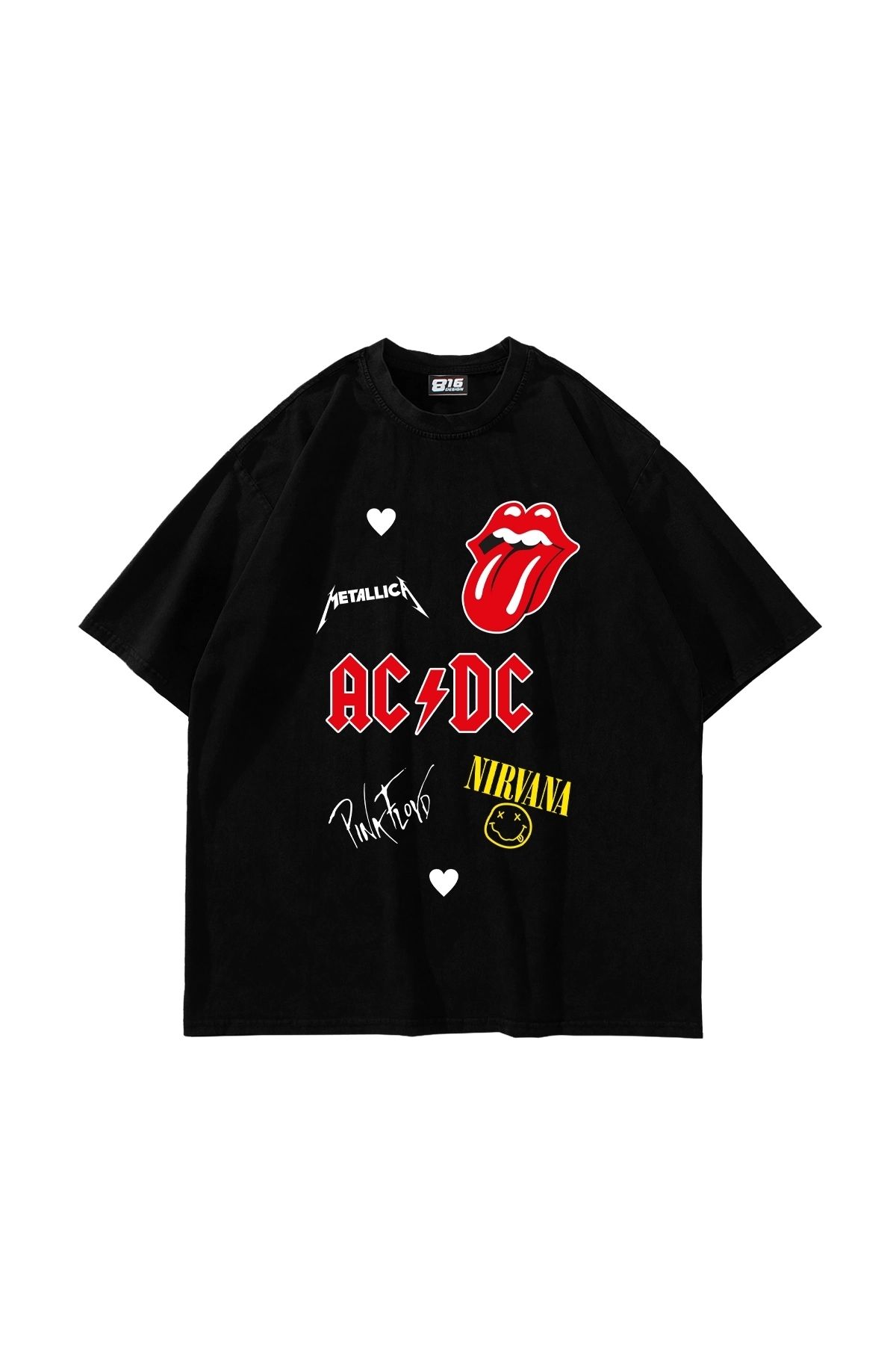 Sekizbiraltı Rock N Roll Baskılı Oversize Unisex Siyah Tshirt