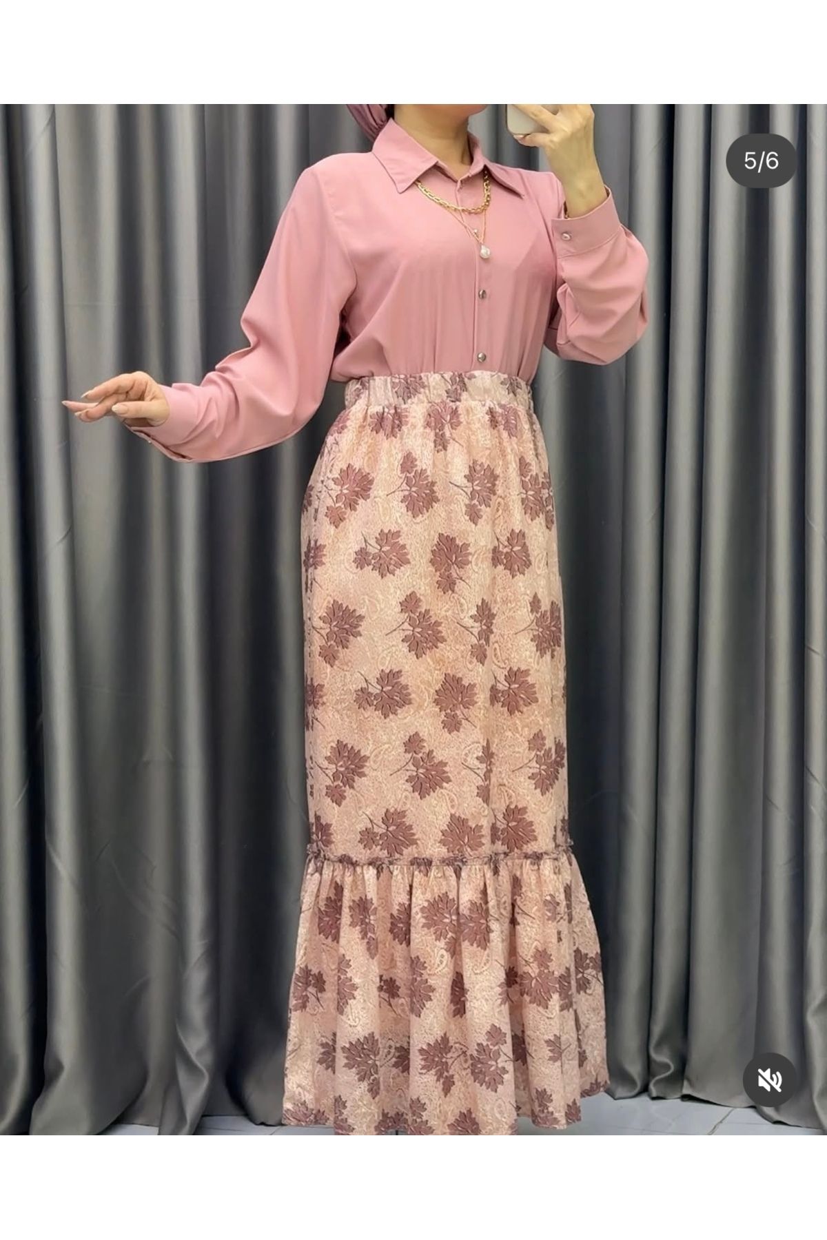YAMANCAN MODA Şifon Astarlı Yaprak Desenli Etek