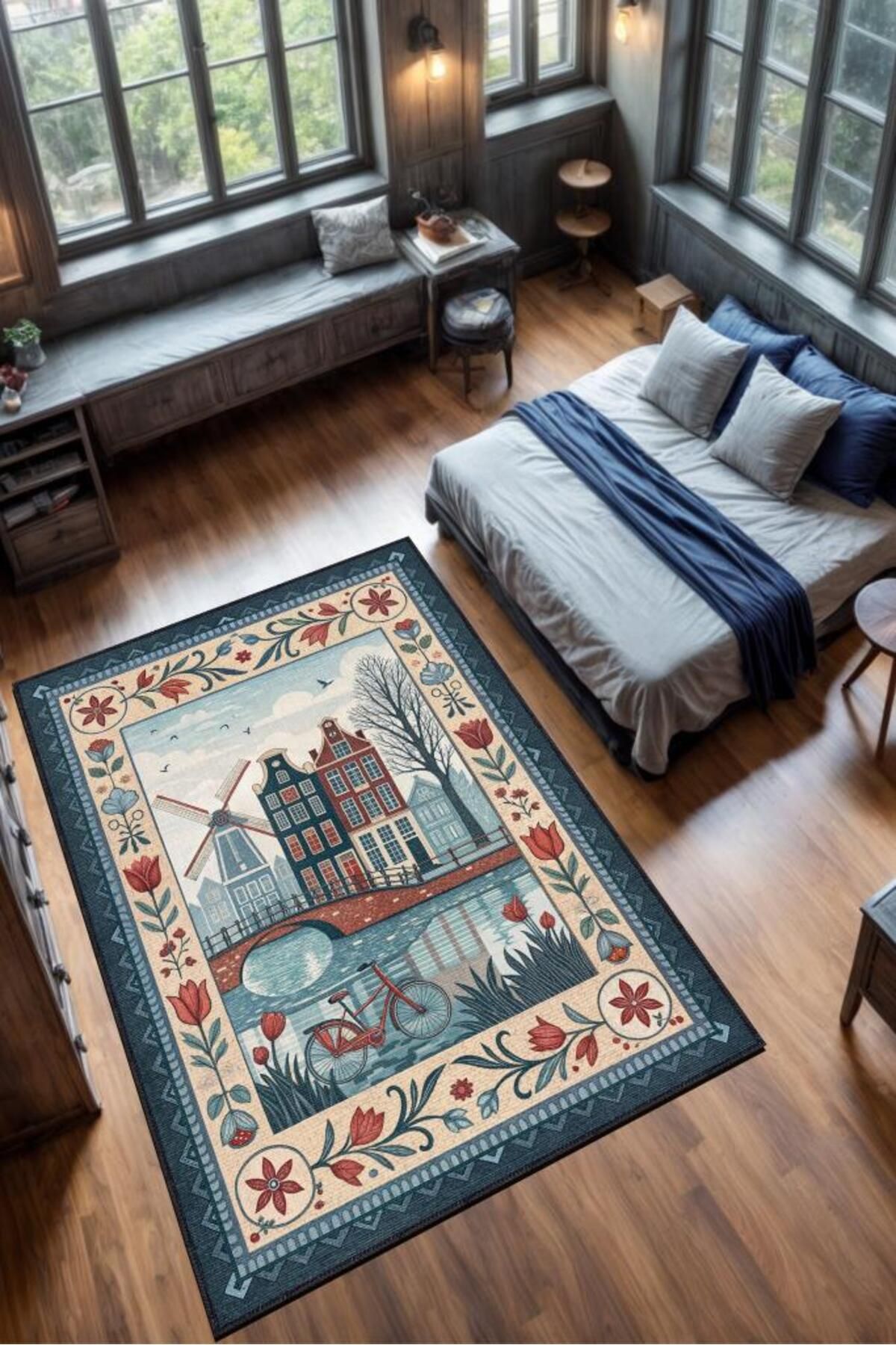 Homshtag Şehirlerde de Amsterdam Temalı Dijital Baskılı Yıkanabilir Pamuk Tabanlı Şehir Temalı Halı