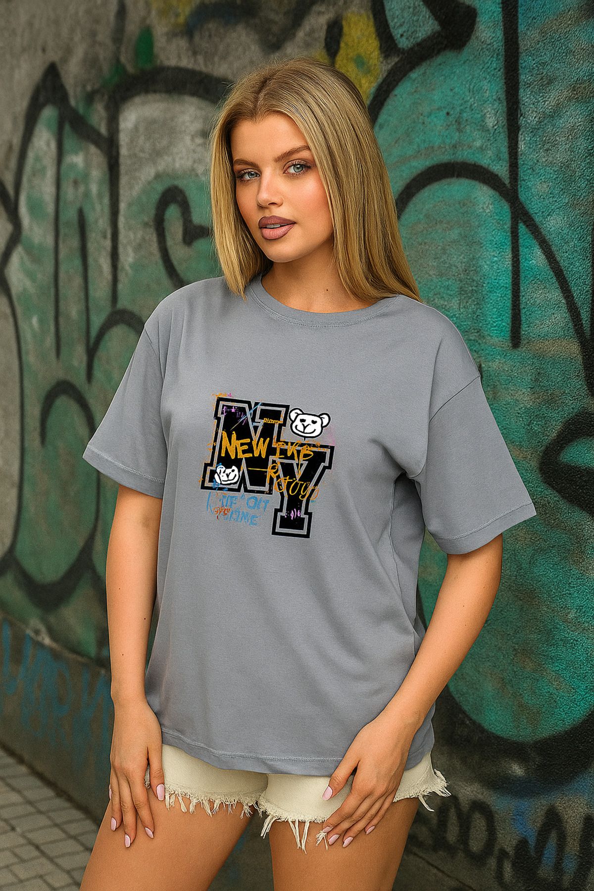 Oasis kadın oversize new york baskılı bisiklet yaka t-shirt