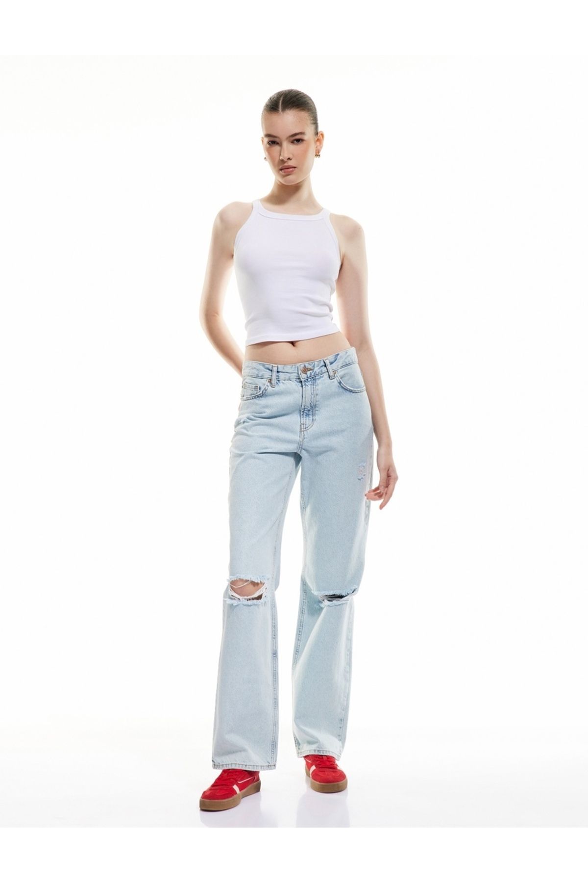 Pamuklu Yıpratma Detaylı Düz Paça Denim Pantolon - Straight Fit Jean