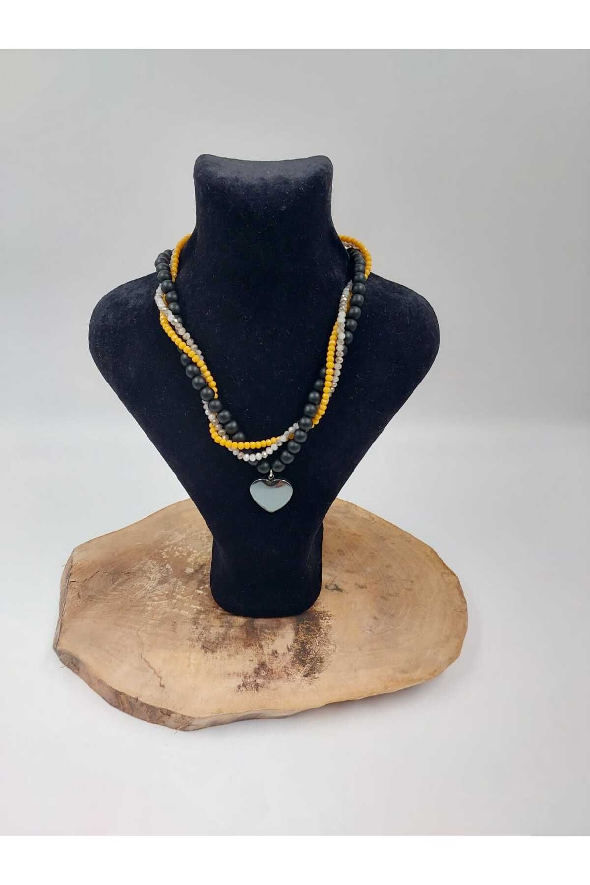 R G Handmade Design Kalbin Kalkanı – Oniks & Kristal Boncuklu Hematit Kalp Kolye
