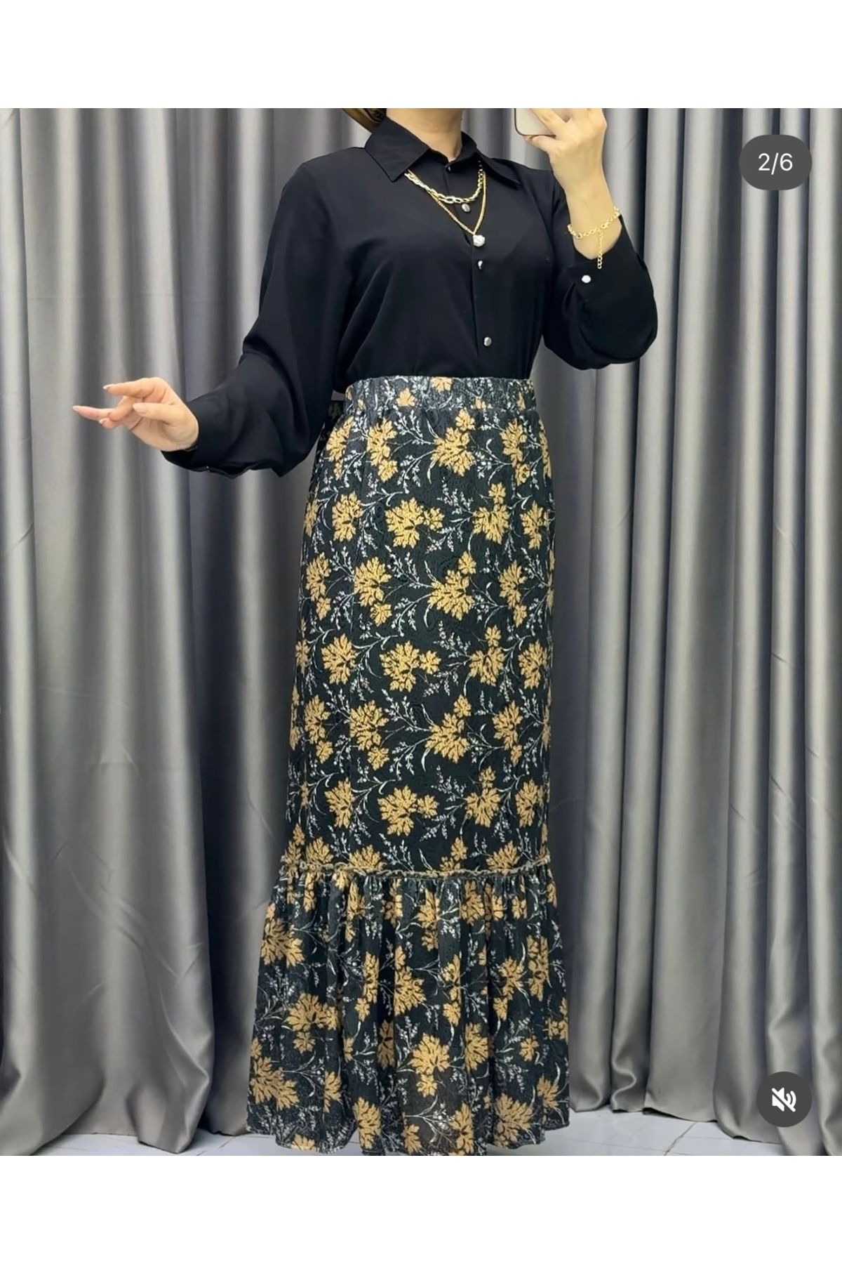 YAMANCAN MODA Şifon Astarlı Yaprak Desenli Etek