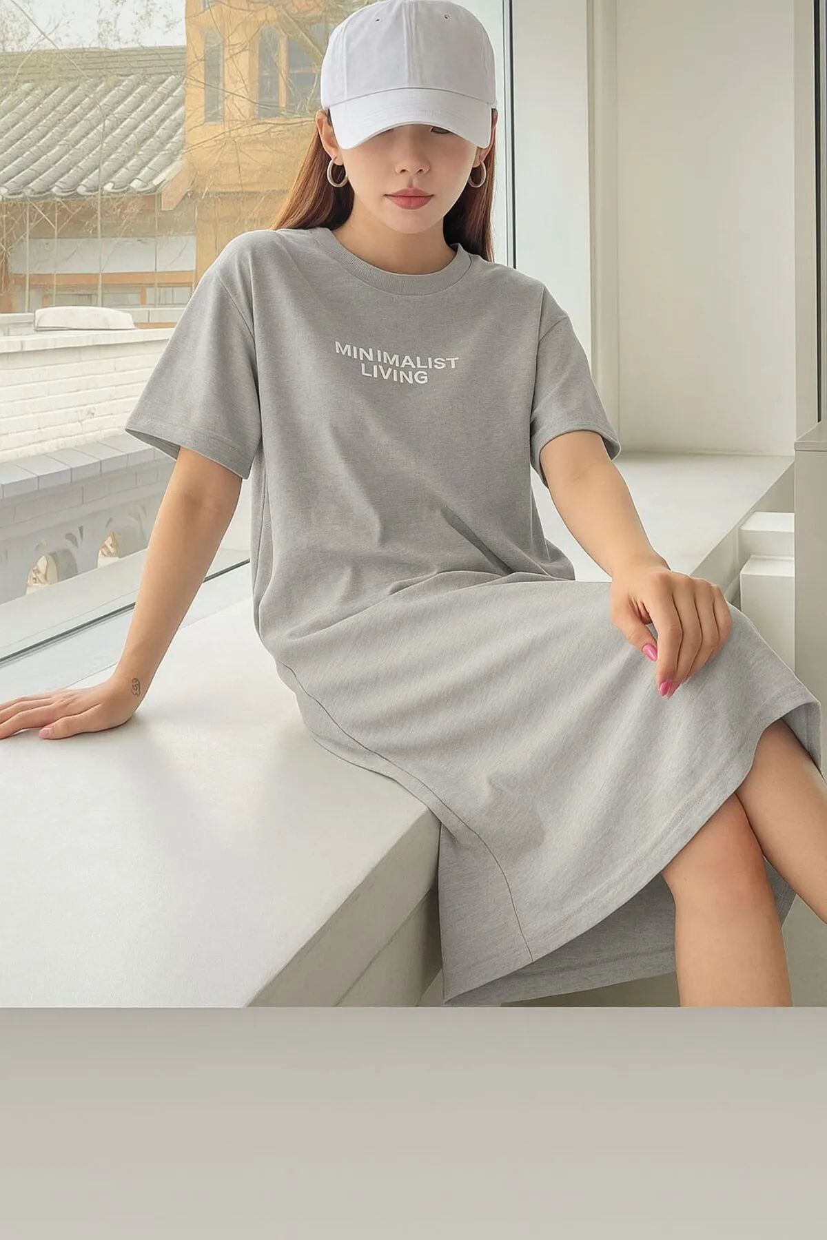npLStore Kadın Minimalist Baskılı T-shirt Bisiklet Yaka Elbise/tunik