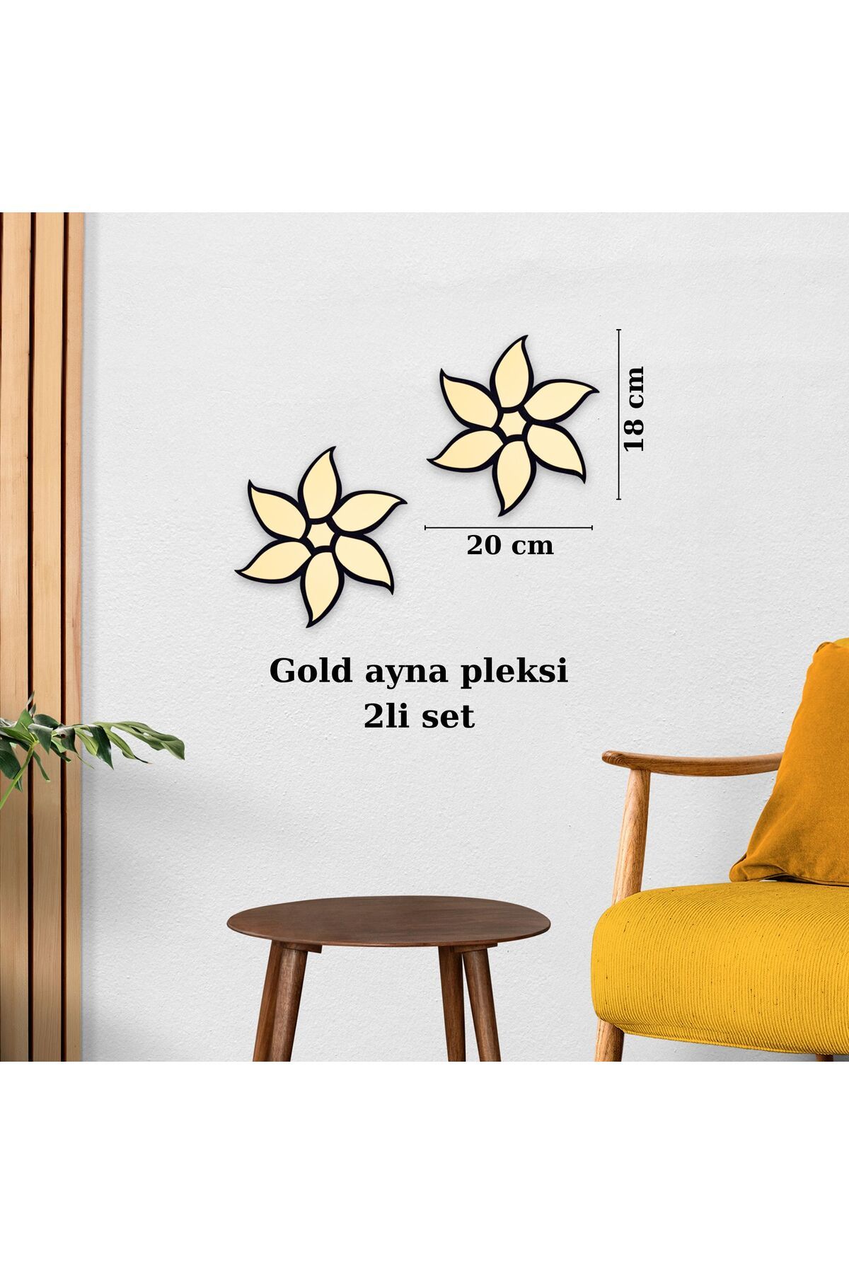 HippoDeco Gold Ayna Pleksi Çiçek Duvar Dekoru | Tekli, 2’li ve 3’lü Set | MDF Üzeri Modern Duvar Süsü
