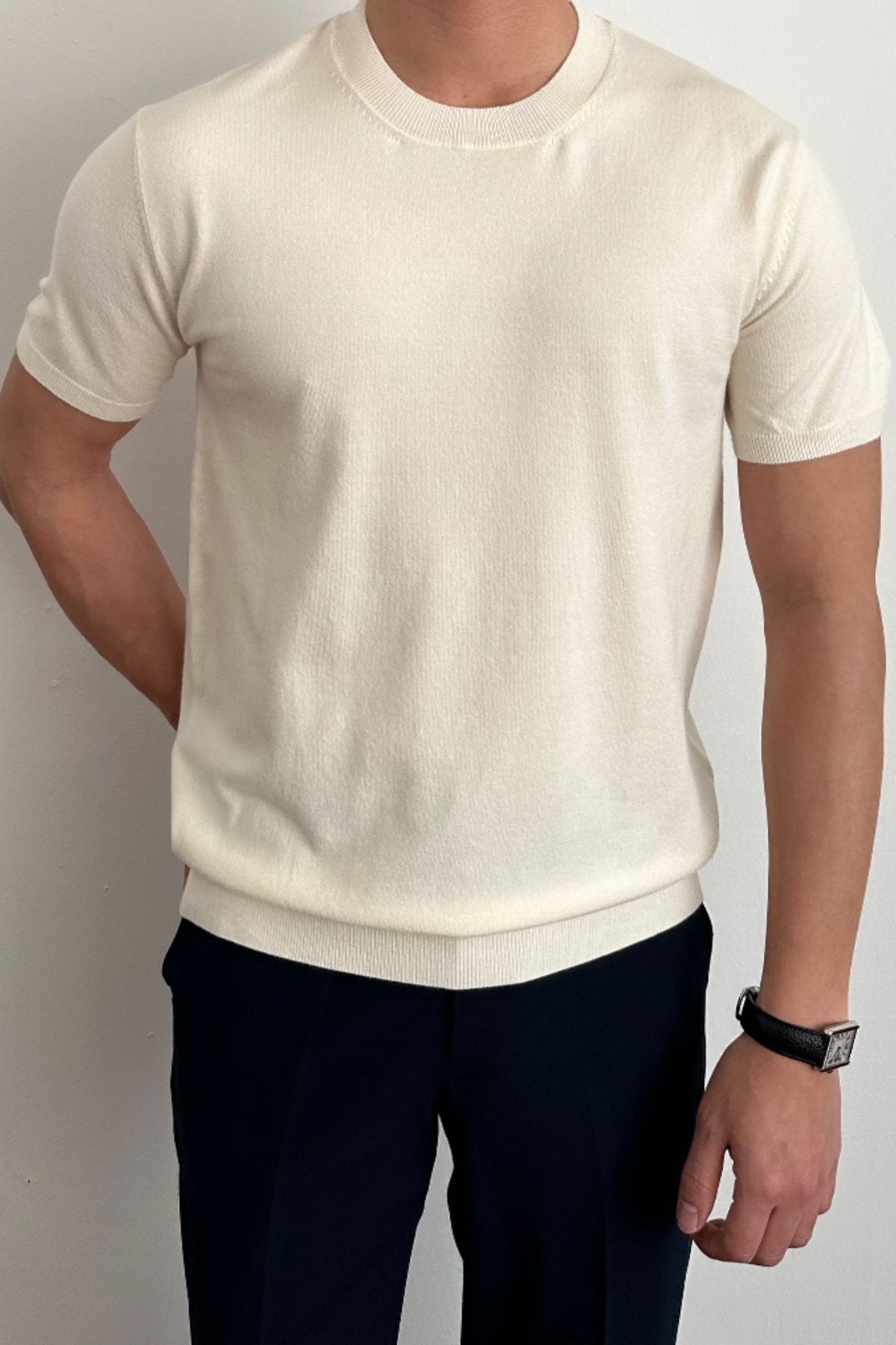 Tarz Cool Erkek Beyaz Slim Fit Bisiklet Yaka Triko T-Shirt