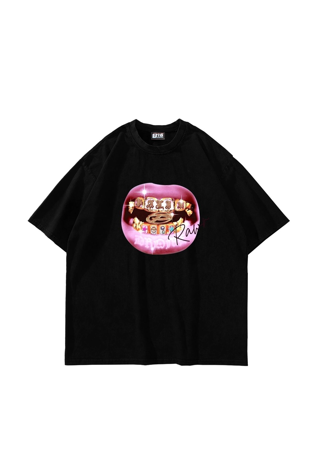 Sekizbiraltı Rawr Teeth Baskılı Oversize Unisex Siyah Tshirt