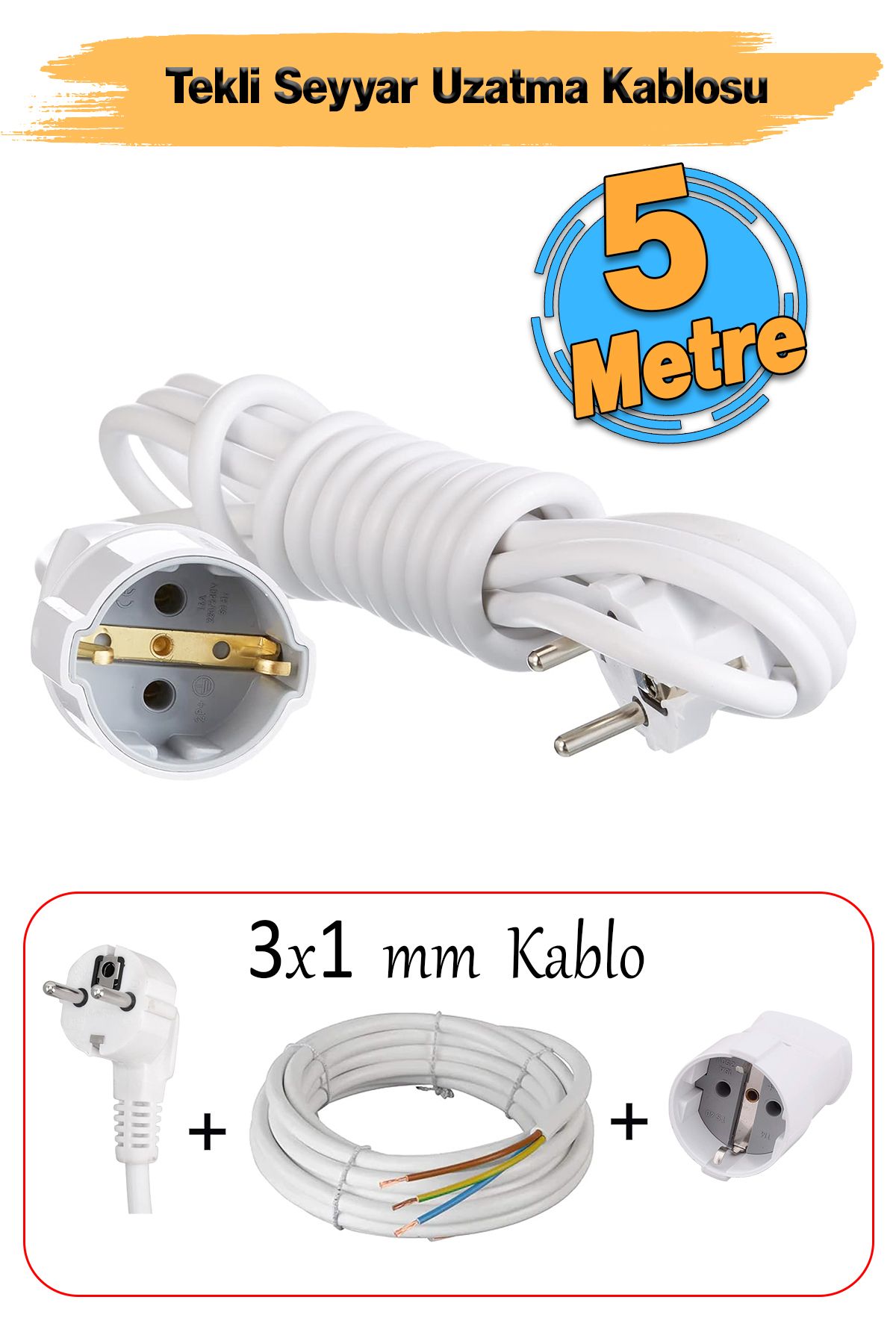 Badem10 Seyyar Uzatma Kablosu 5 Metre Topraklı Fiş Monofaze CCA Priz 3x1 mm Beyaz Kablo H05VV-F