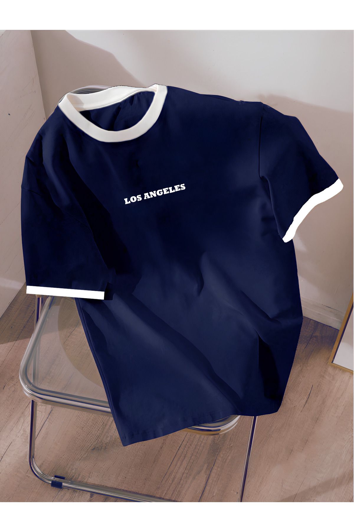 COHERENT Unisex Erkek/Kadın Lacivert Beyaz Yaka LOSANGELES Özel Baskılı Oversize Pamuklu T-Shirt Tişört