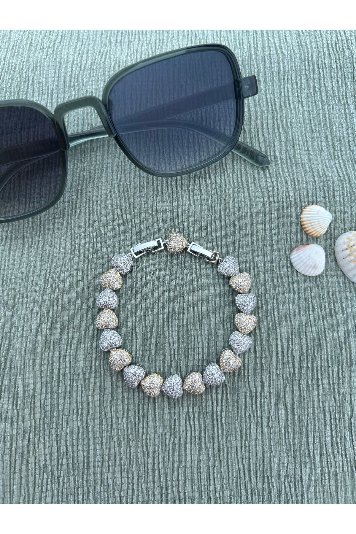 FASHİON JEWELRY KUYUMCU MODEL 2 RENKLİ KALPLİ TAŞLI ÇELİK BİLEKLİK