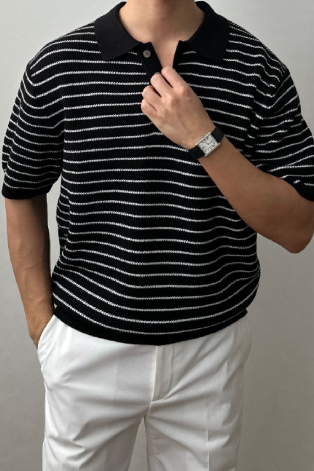Tarz Cool Erkek Siyah Çizgili Düğmeli Regular Fit Triko T-Shirt