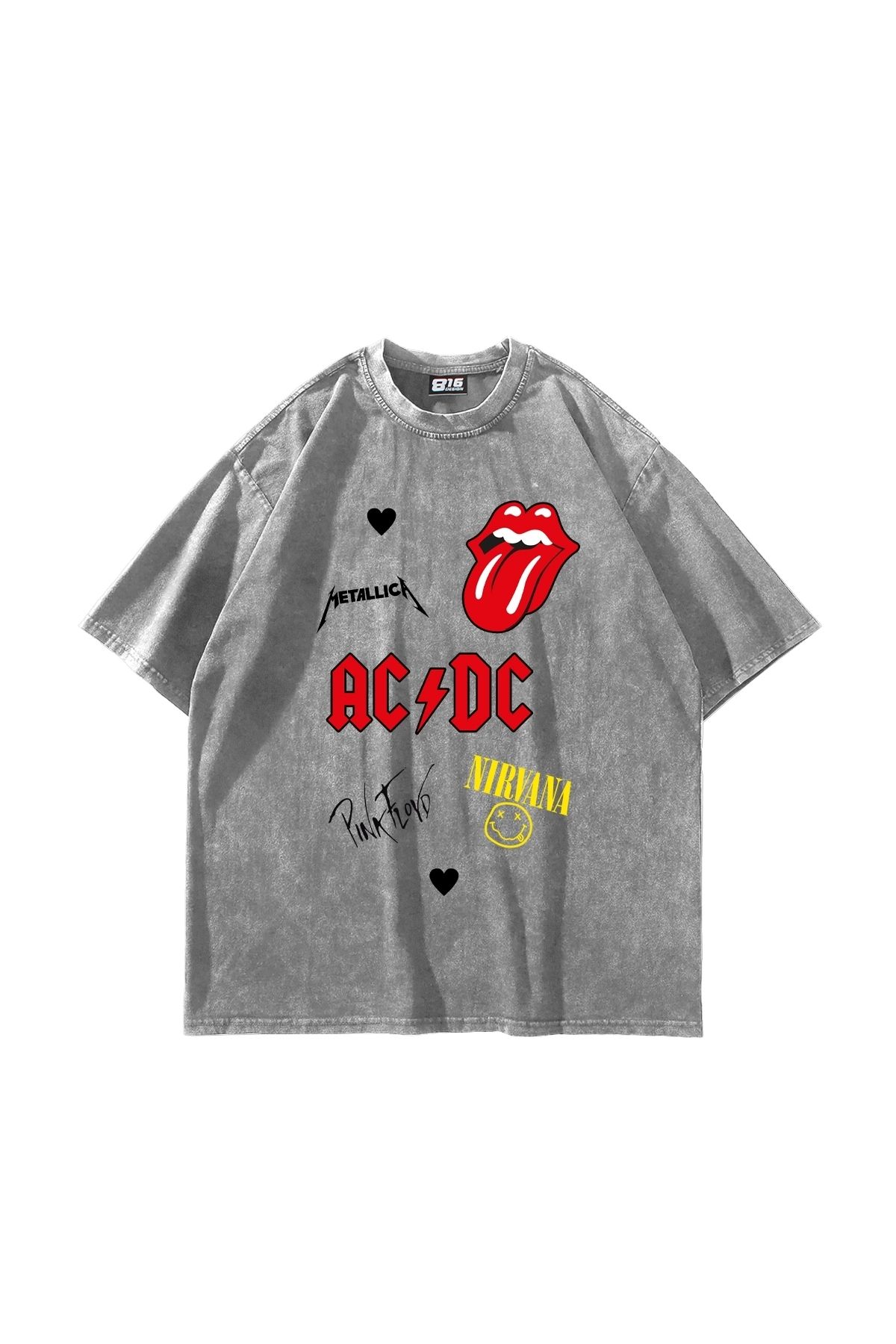 Sekizbiraltı Rock N Roll Baskılı Oversize Unisex Yıkamalı Beyaz Tshirt