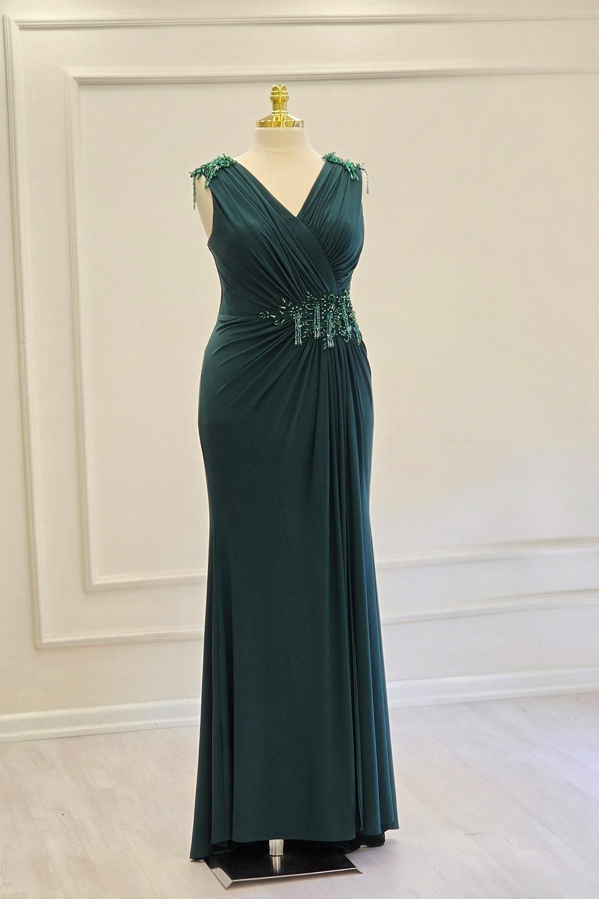 Yonca Moda Evi Zümrüt İşlemeli Abiye 1450