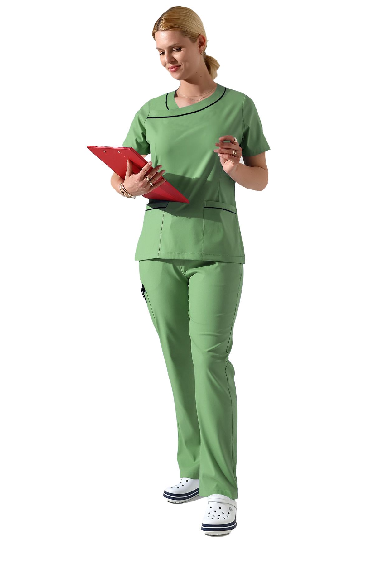 BEDUCA Mint Yeşli Likralı Yaka Detaylı Scrubs Takımı, Estetisyen Ve Güzellik Merkezi Forması