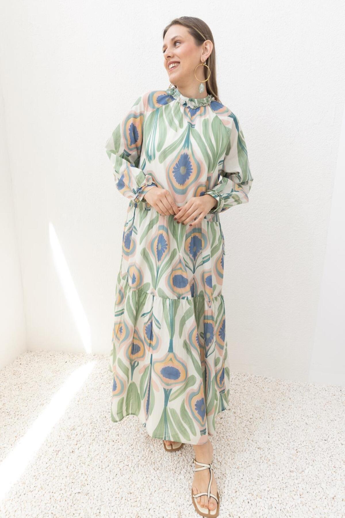 Green-Pink-Patterned Skirt Ruffled Dress