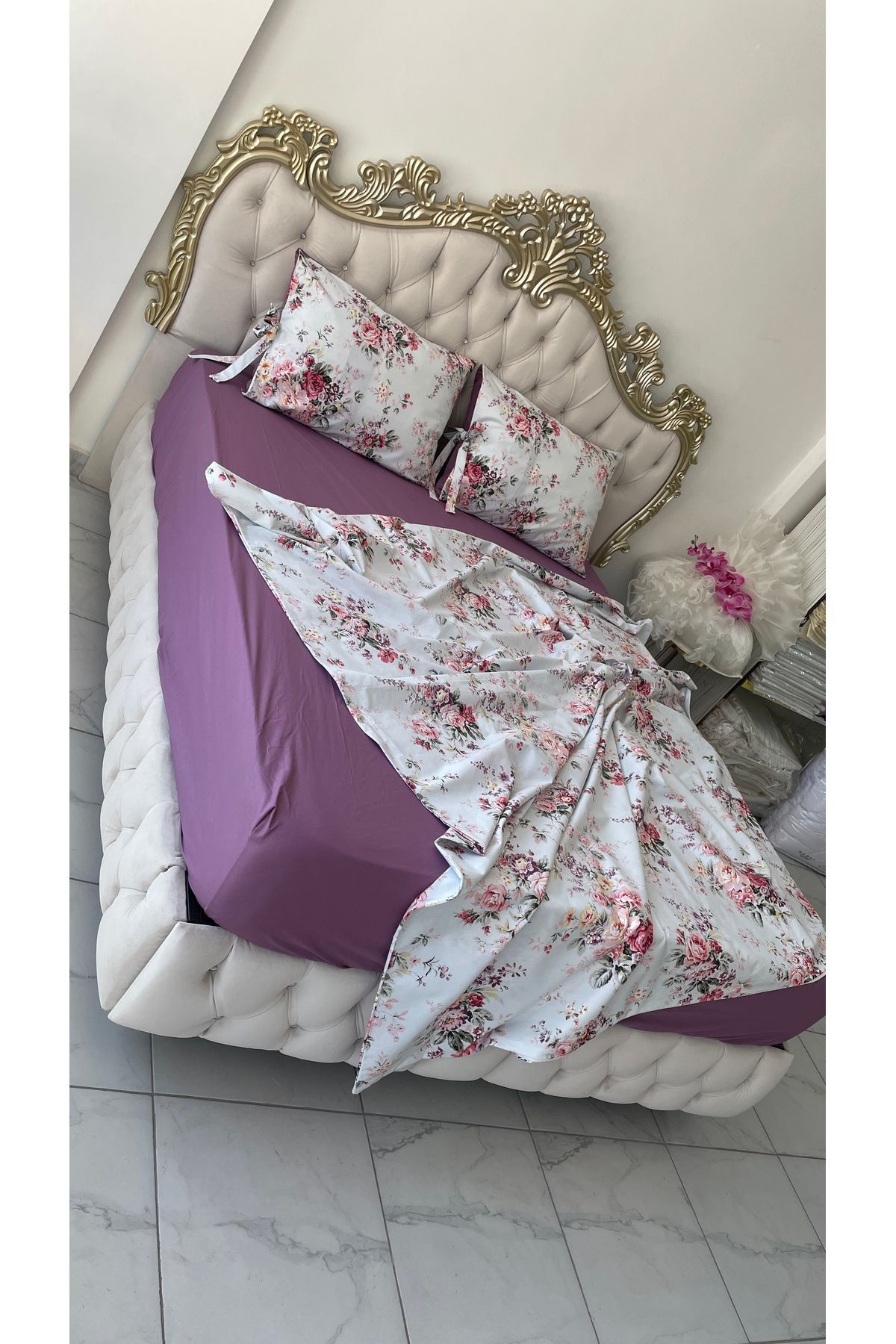 AHSEN TASARIM çift kişilik 1.60x2.00 cm yatağa uygun lastikli çarşaflı nevresim takımı